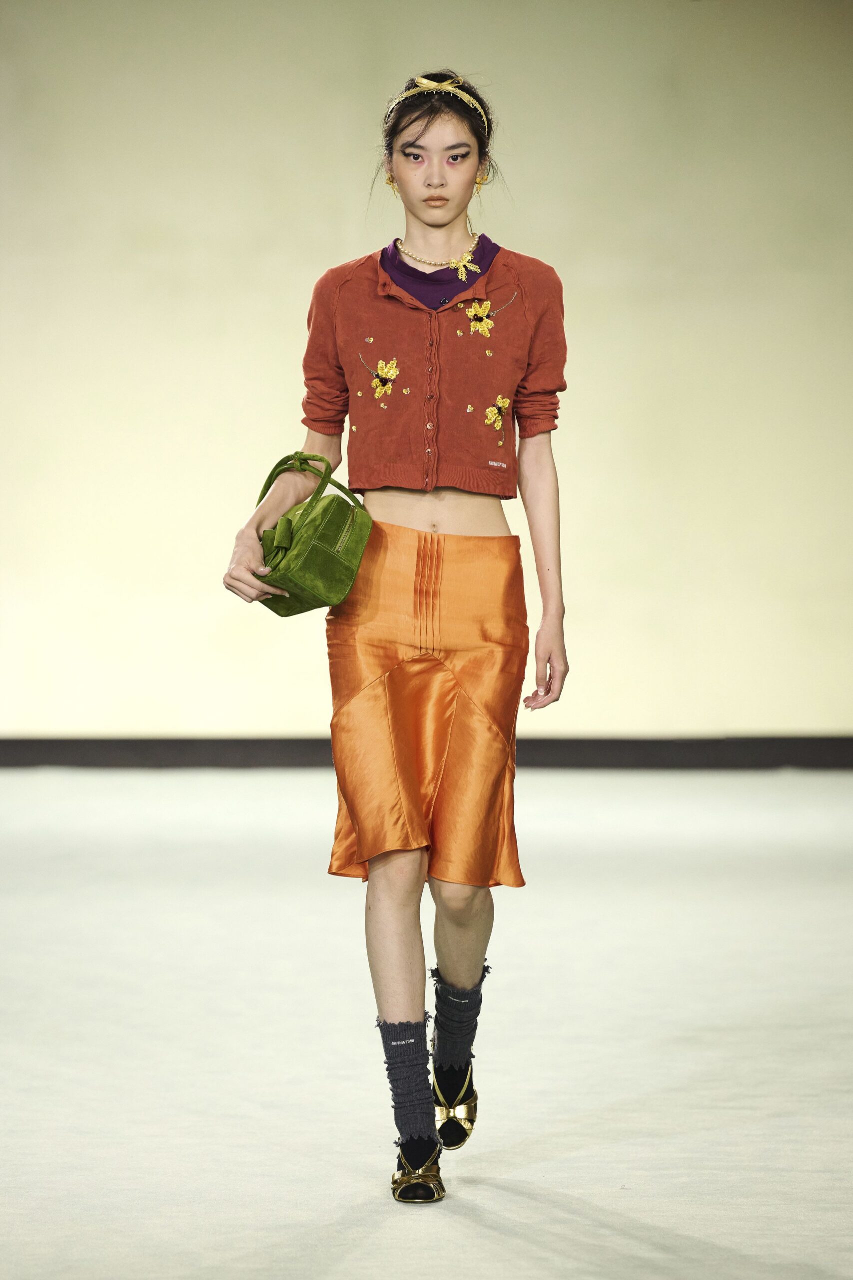 orange cotton long-sleeve collared fitted embroidered cardigan