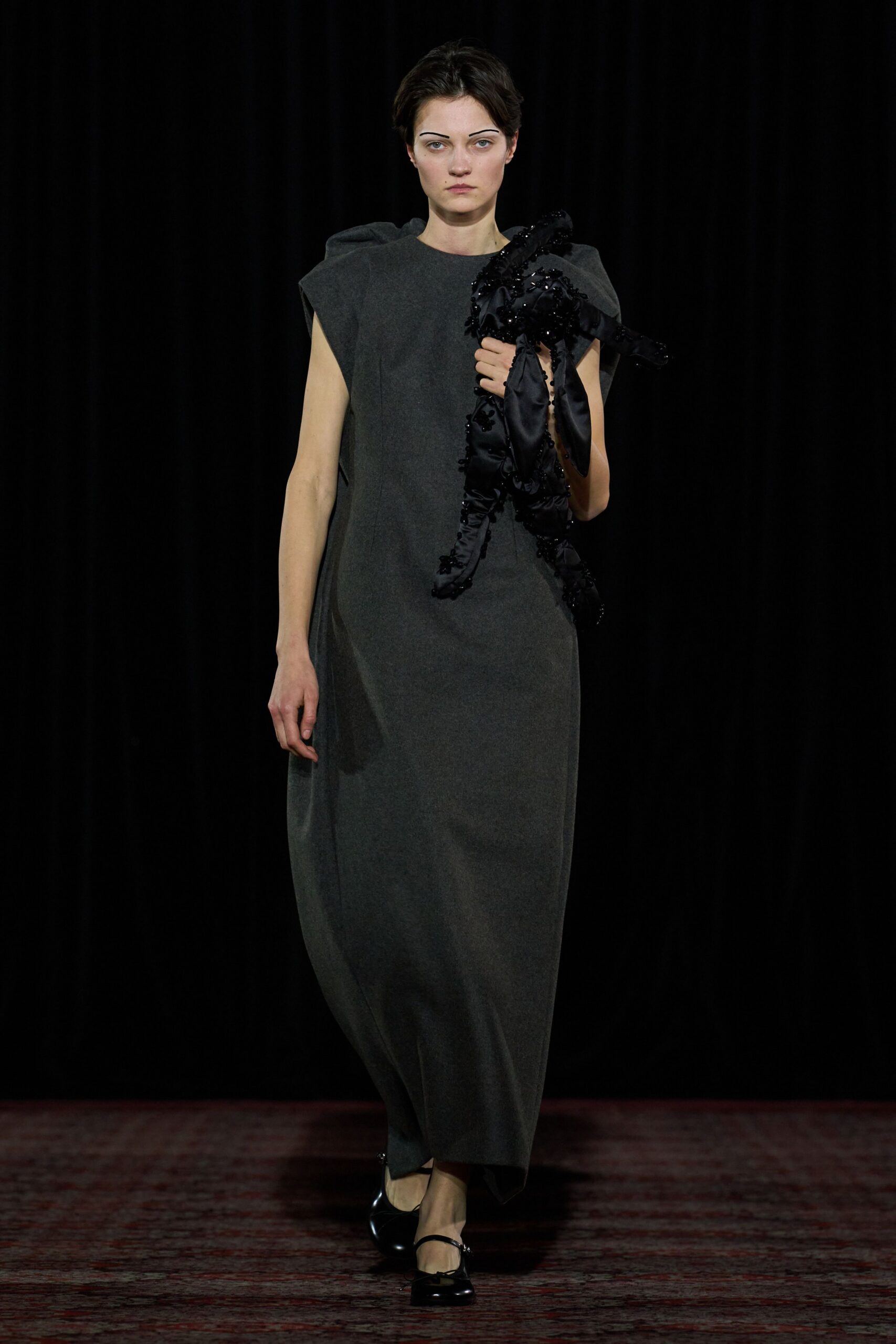 gray wool sleeveless high-neck relaxed straight-leg maxi dress