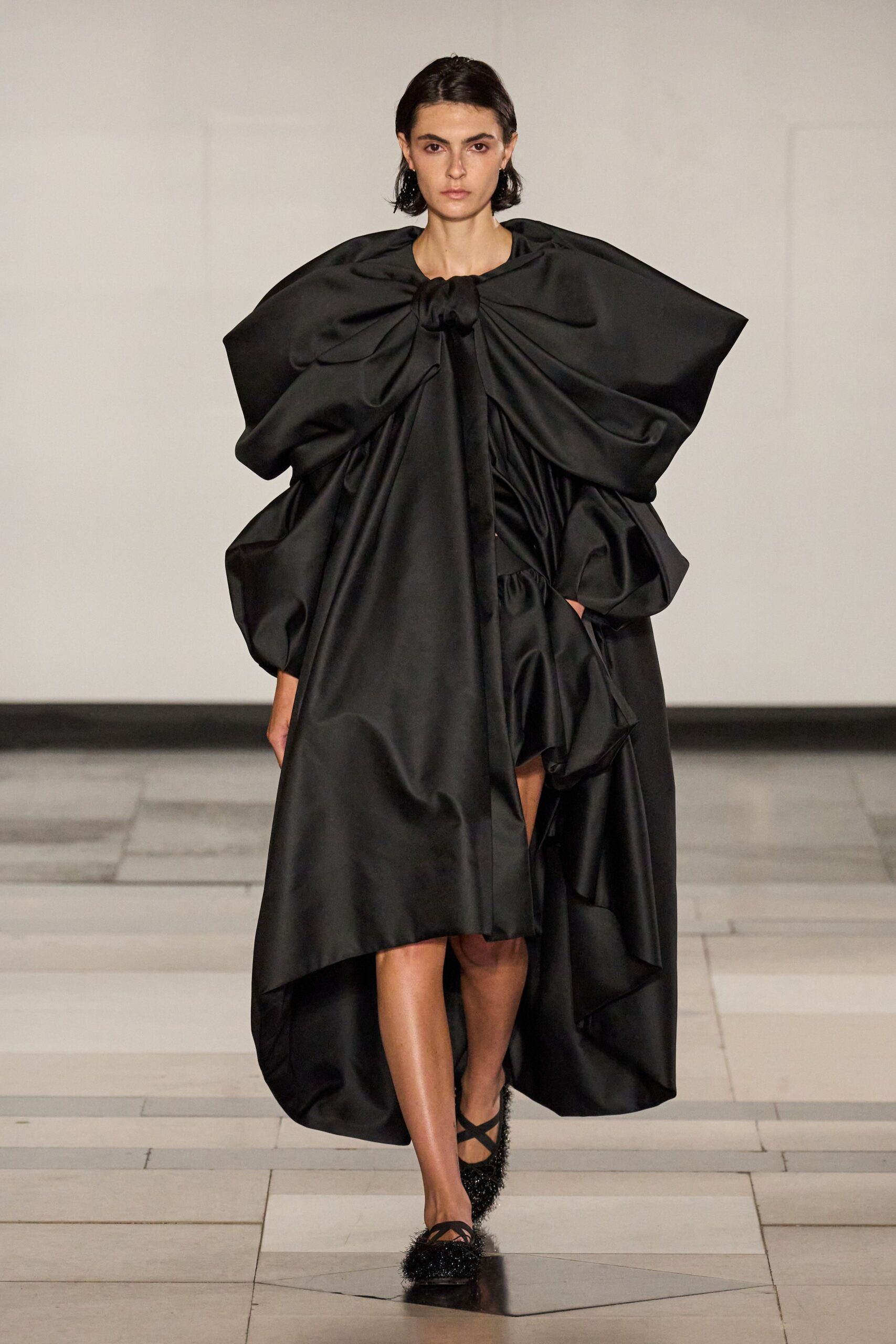 black silk draped midi dress