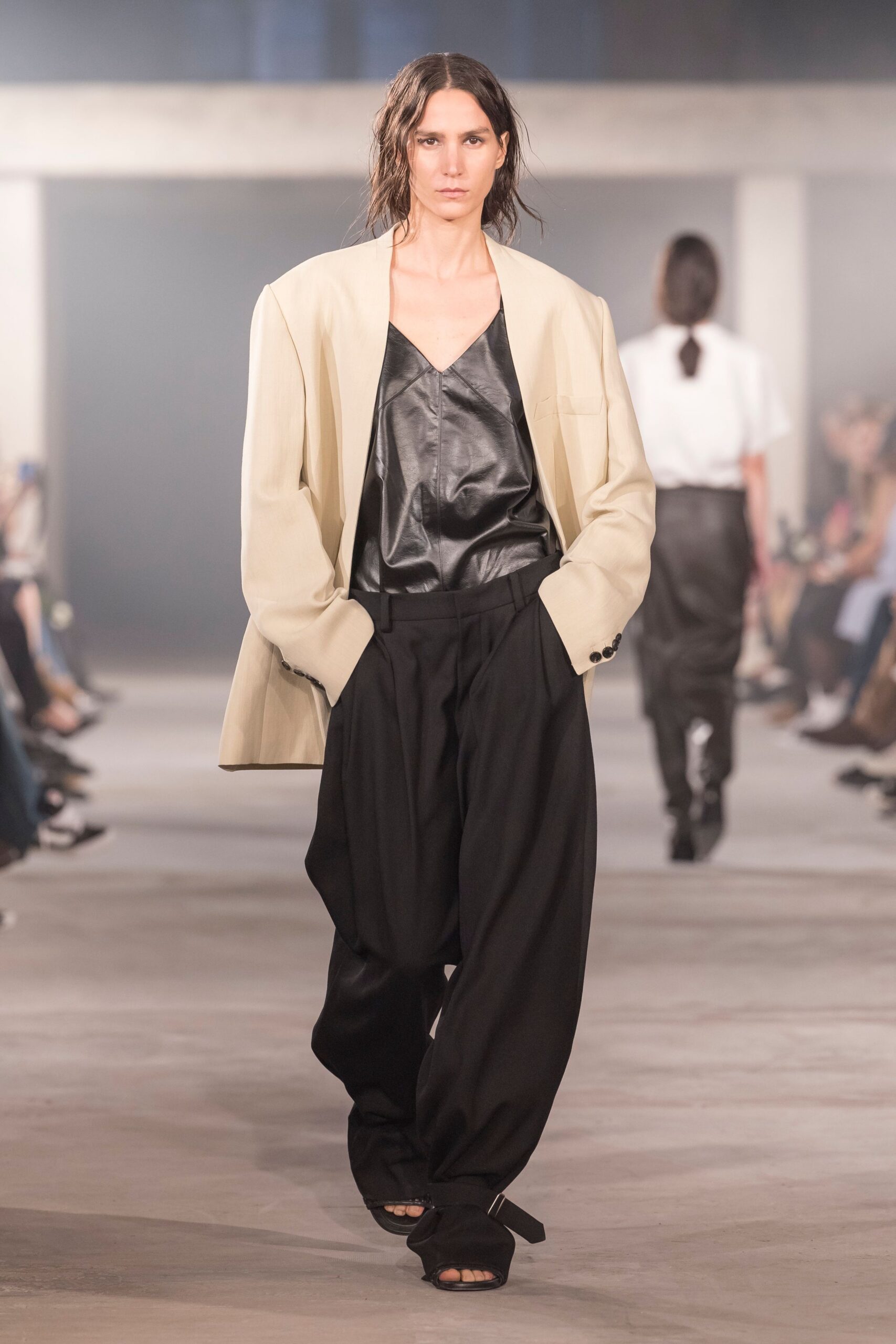 beige blazer black leather top