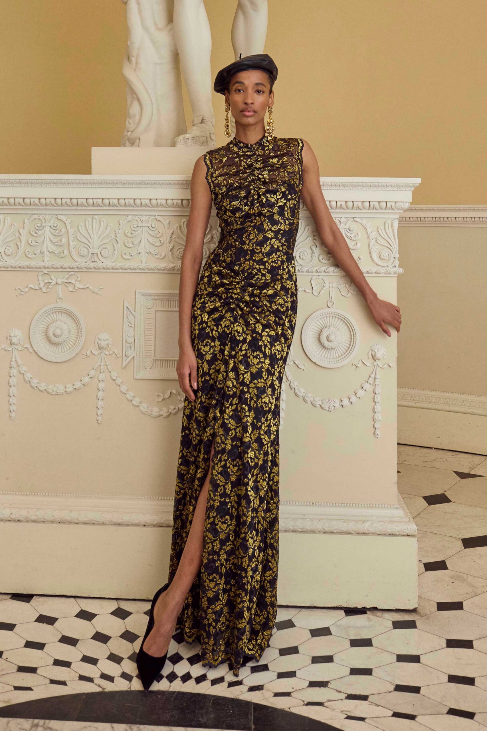 black and gold floral gown