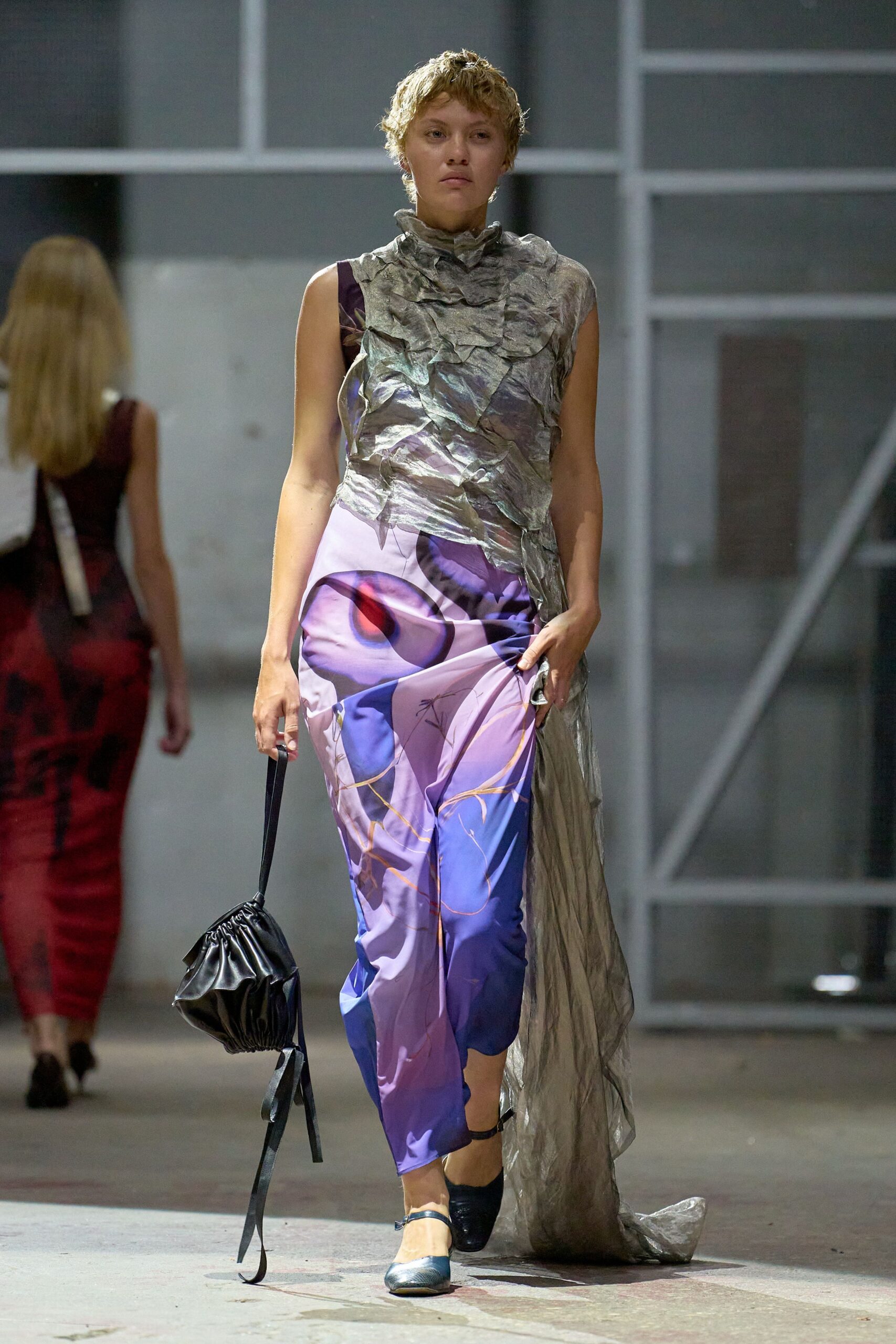 purple silk sleeveless high-neck fitted draped flowing dress