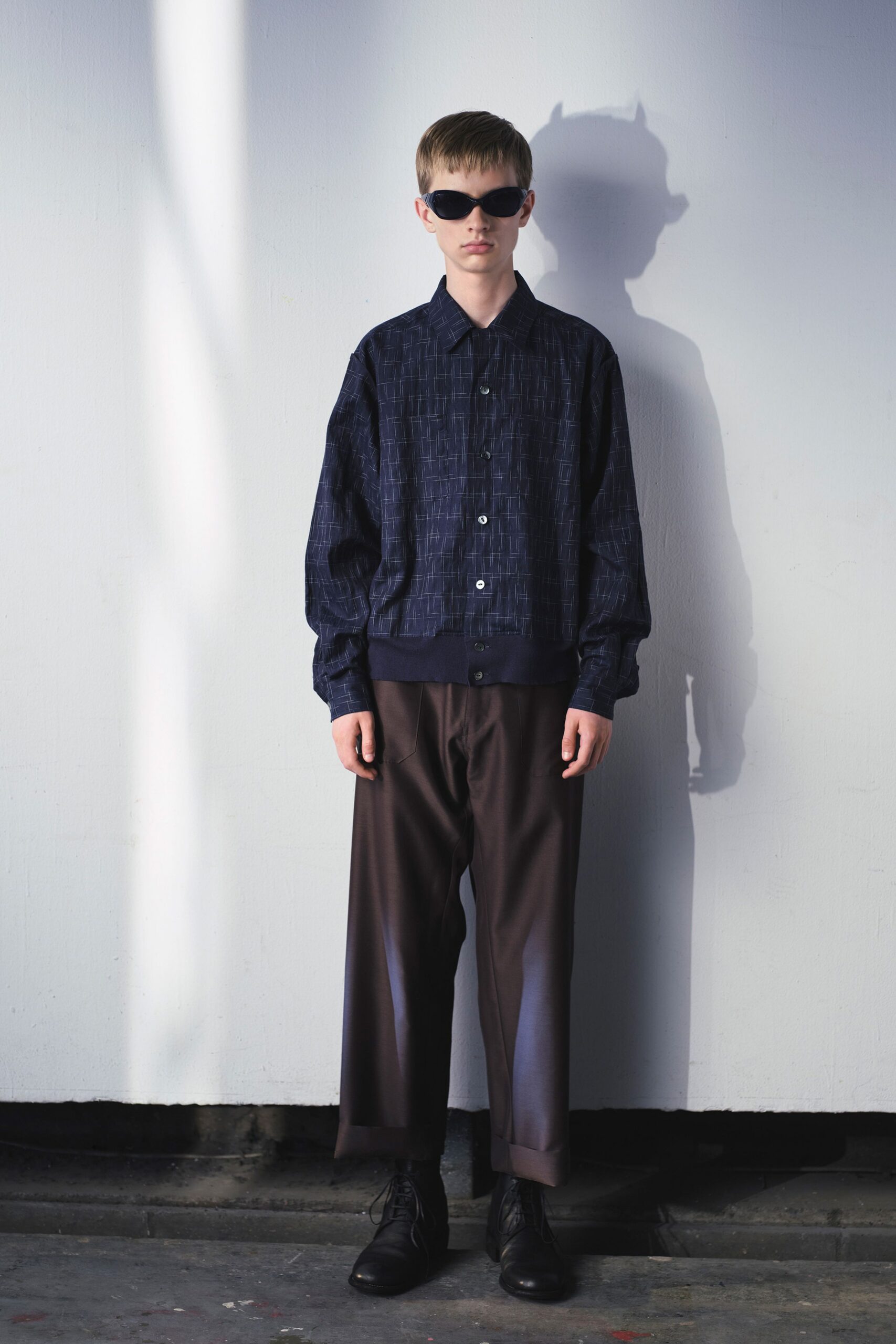 blue cotton long-sleeve collared relaxed textured shirt