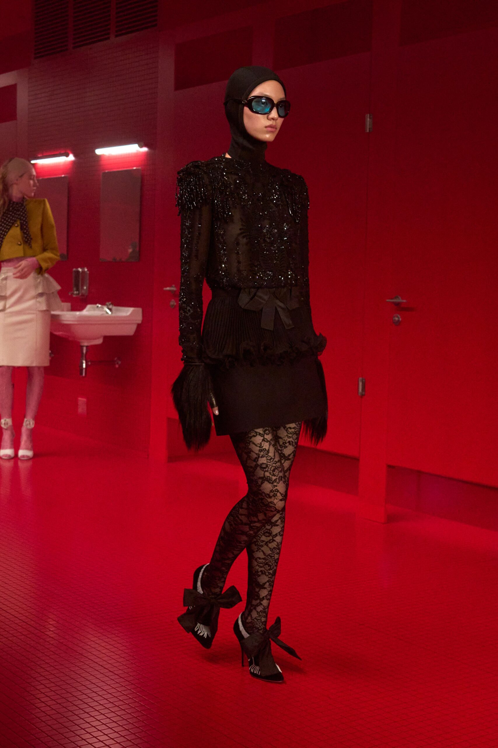 black silk long-sleeve high-neck fitted ruffled beaded dress