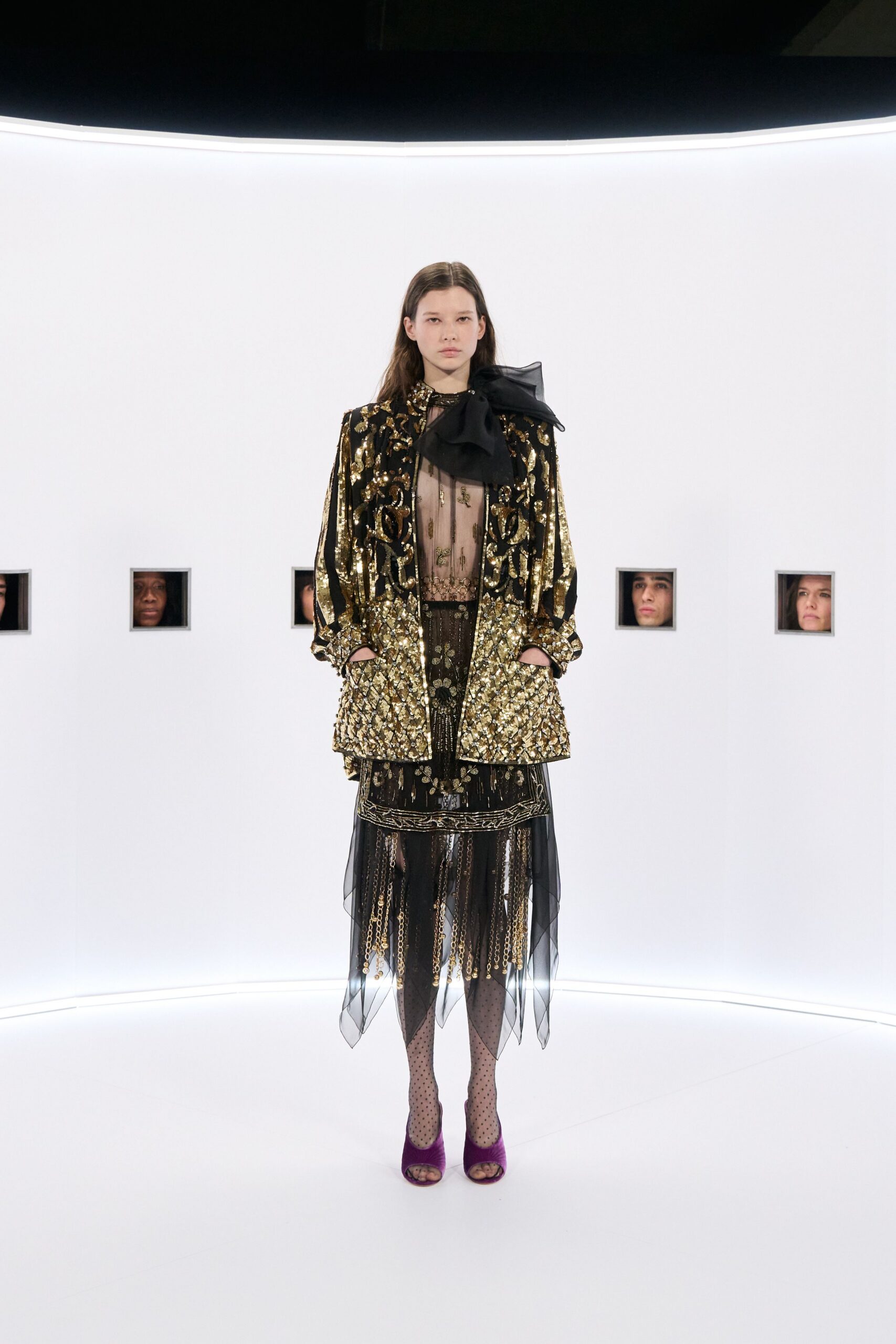 gold silk long-sleeve collared relaxed embroidered zippered jacket