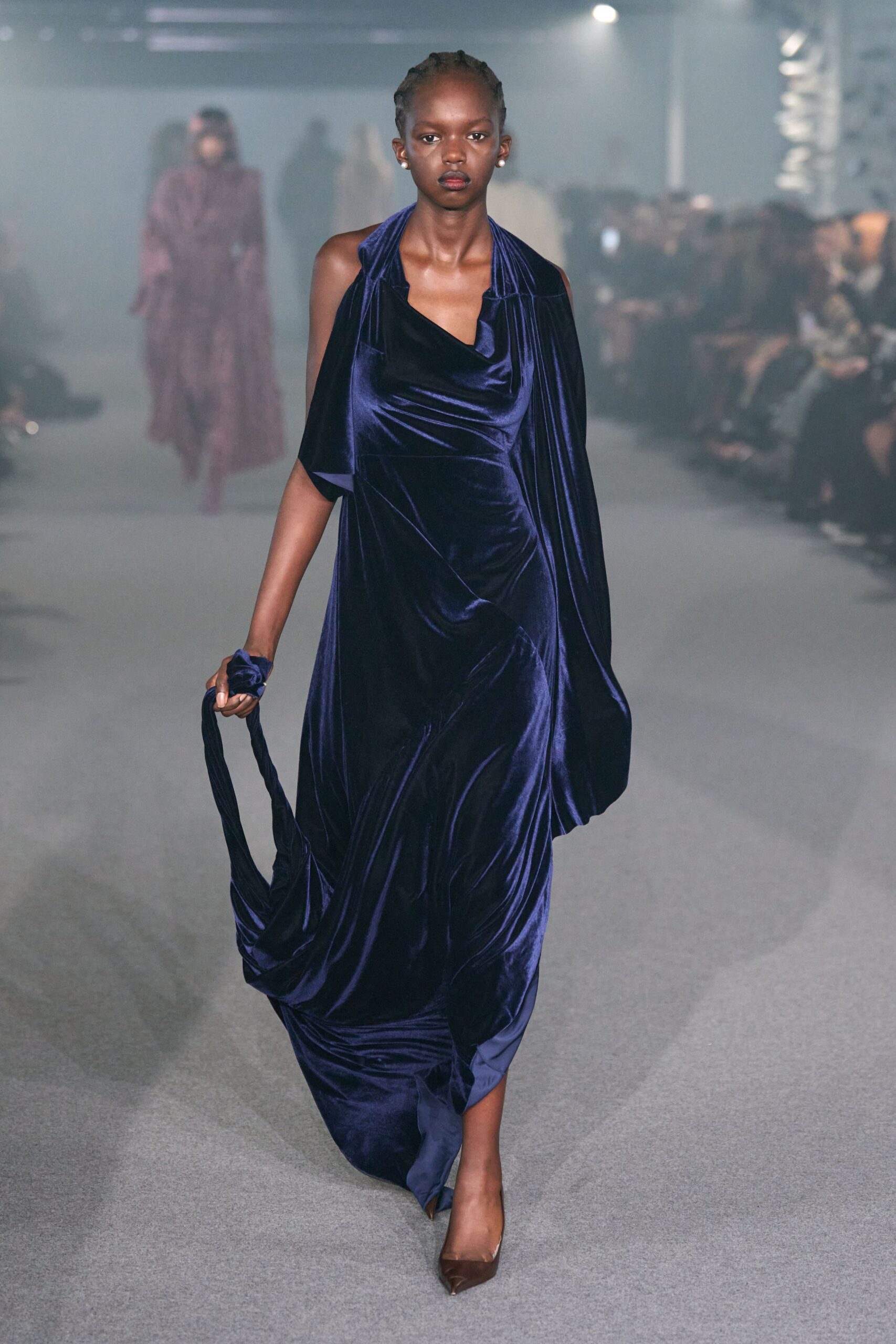 blue velvet draped gown