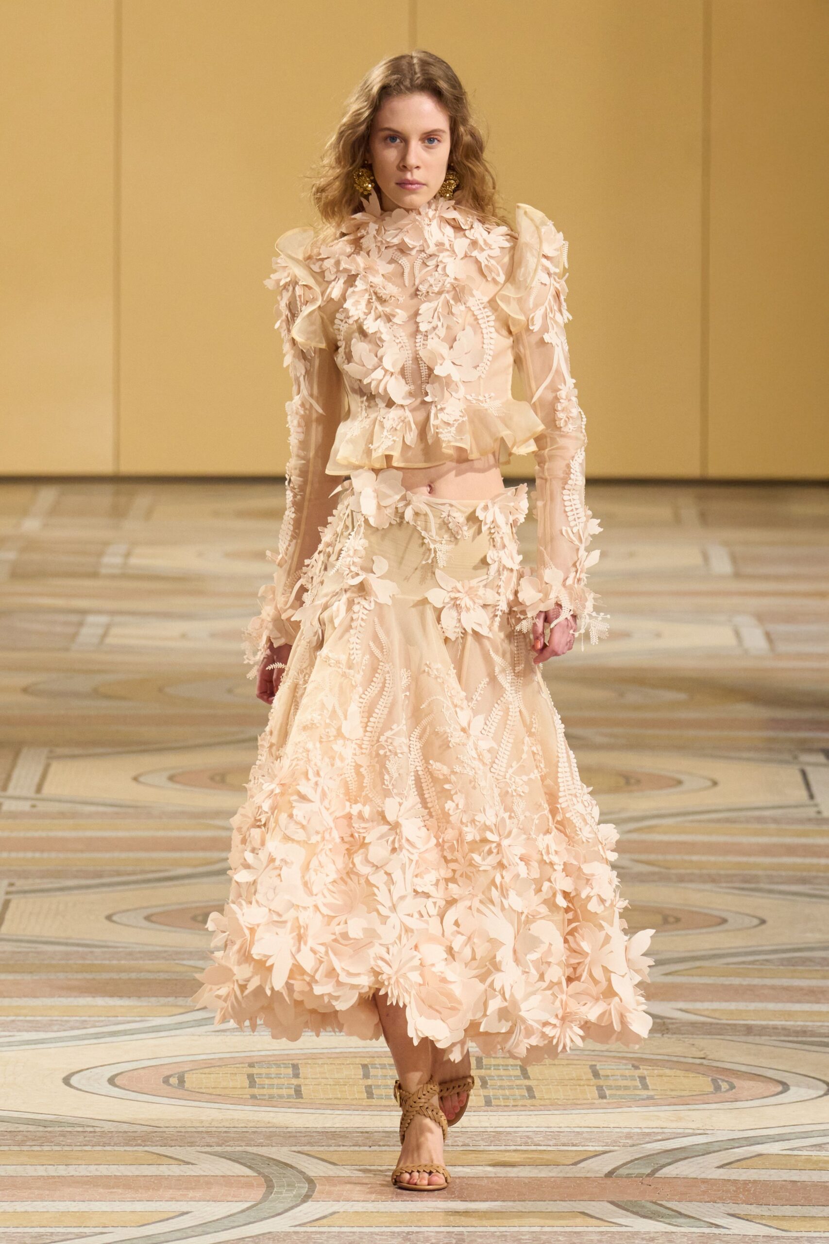 coral silk long-sleeve fitted floral ruffled midi dress