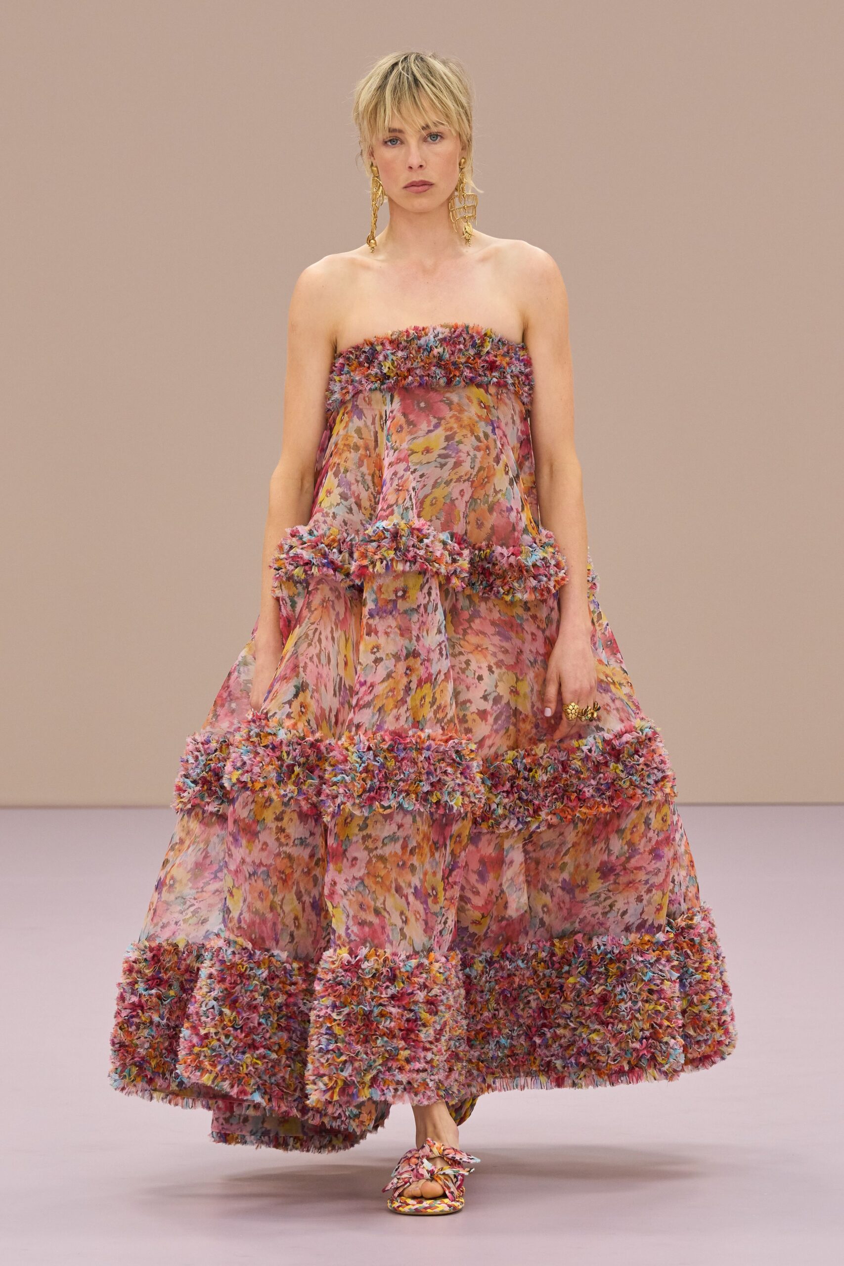 pink chiffon strapless fitted floral tiered flowing gown