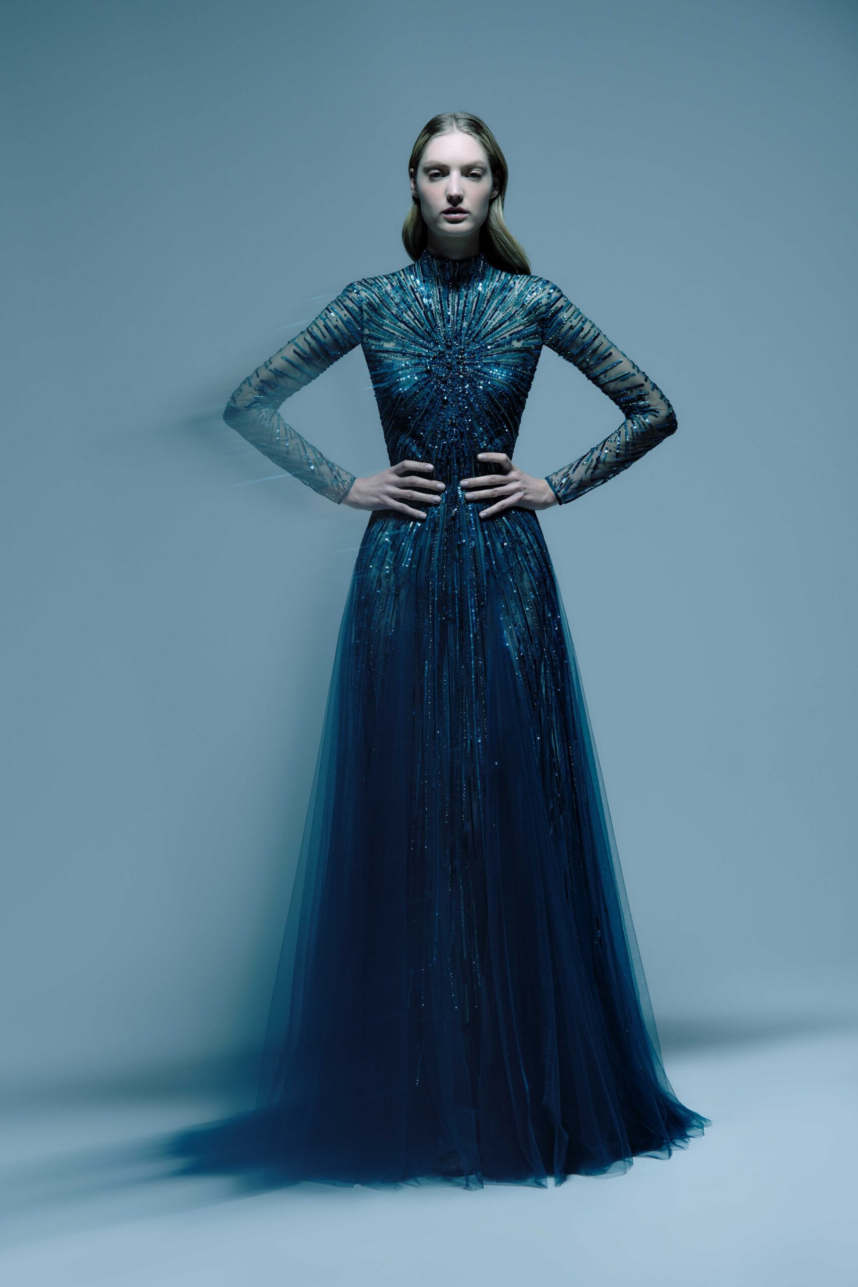 blue embellished long-sleeve gown