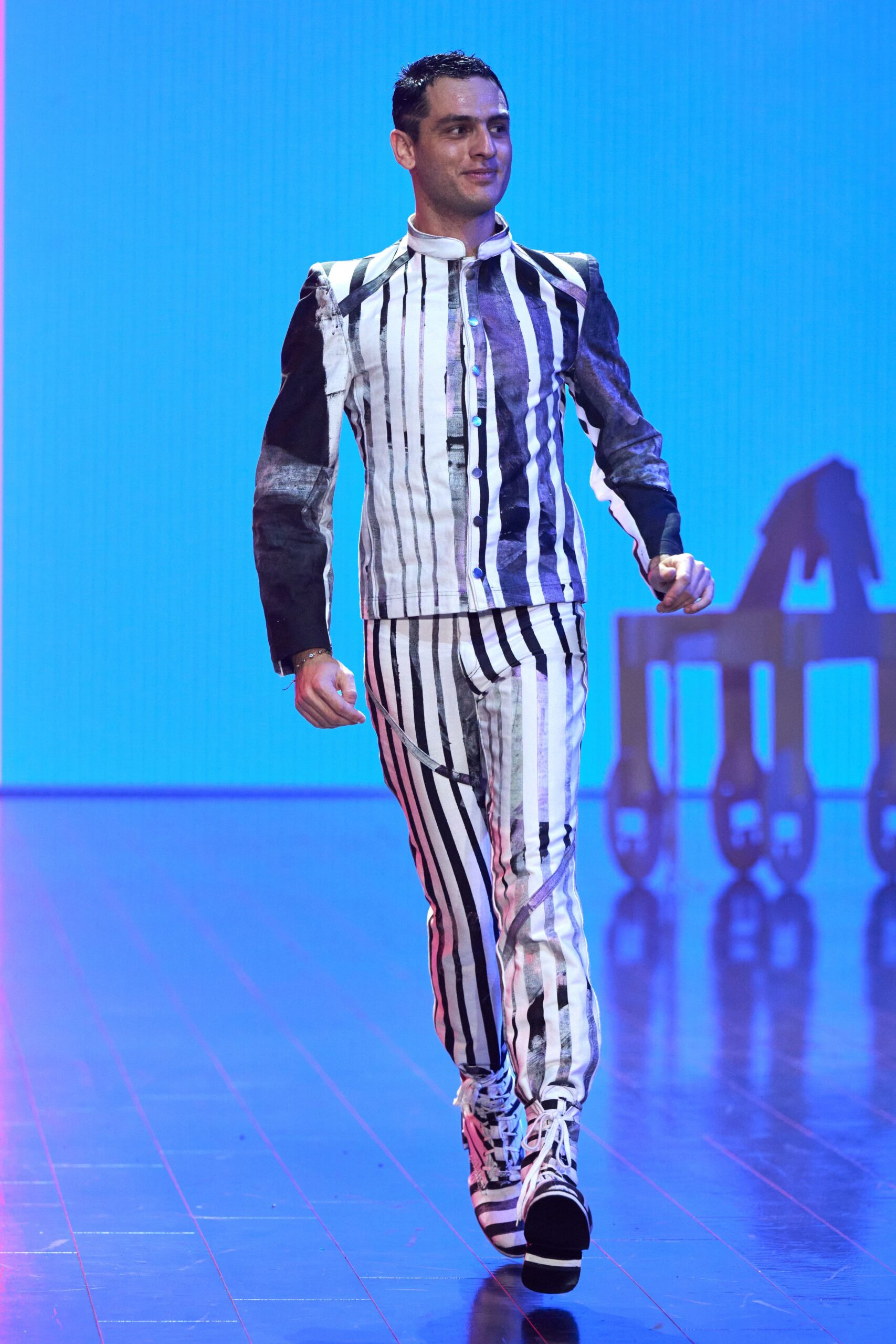 black and white striped suit
