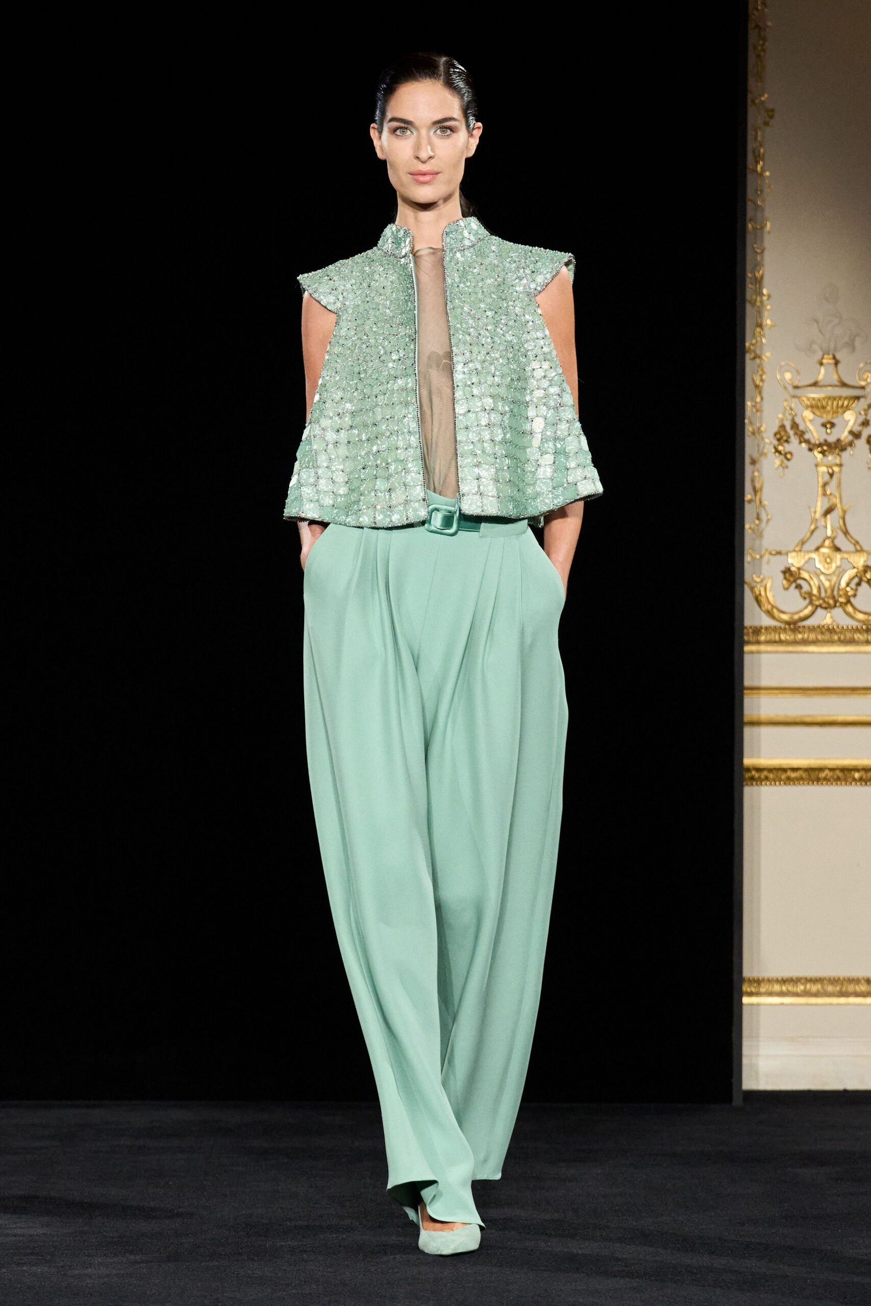 green silk sleeveless collared relaxed layered sequined top
