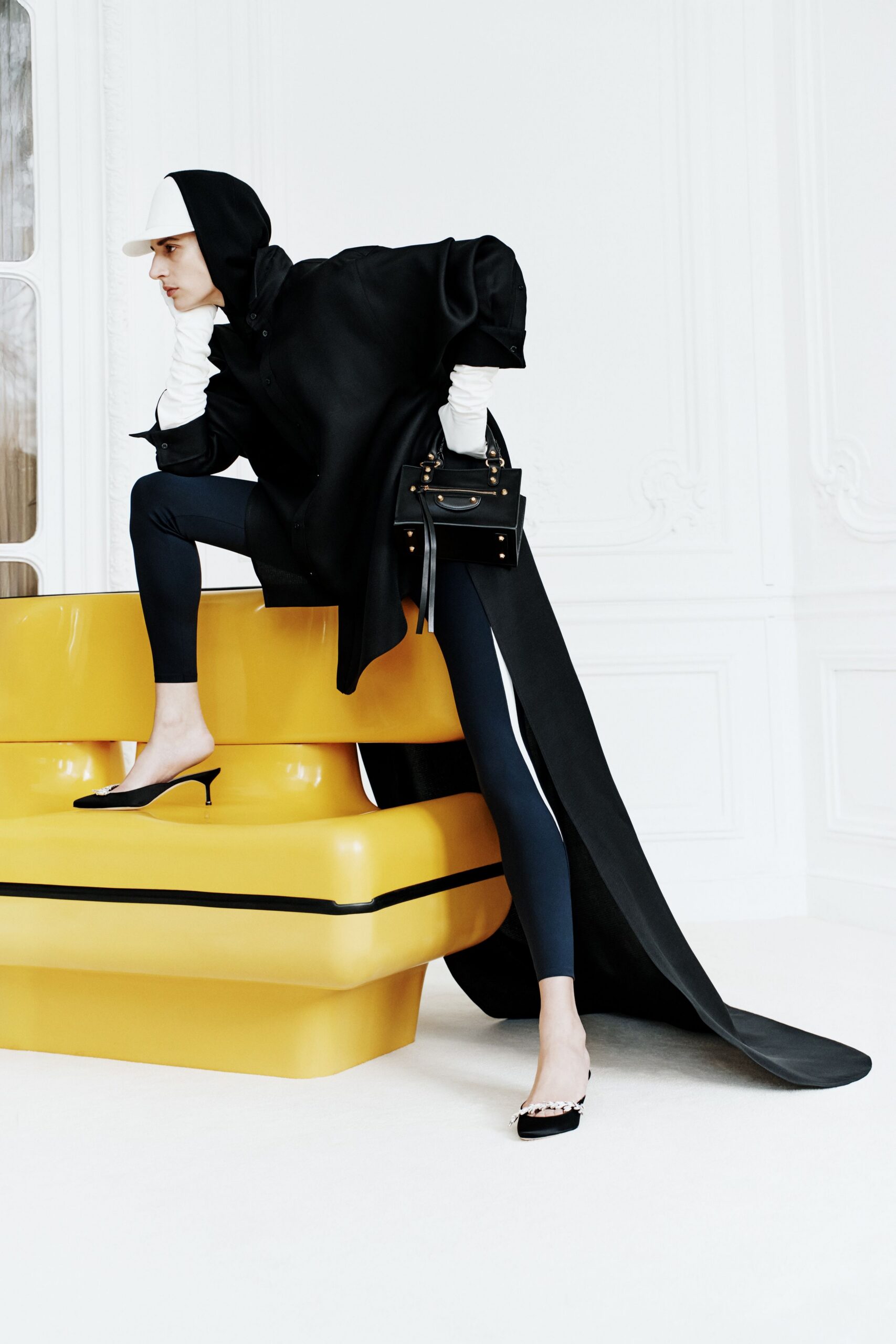 black wool long-sleeve hooded relaxed draped maxi coat