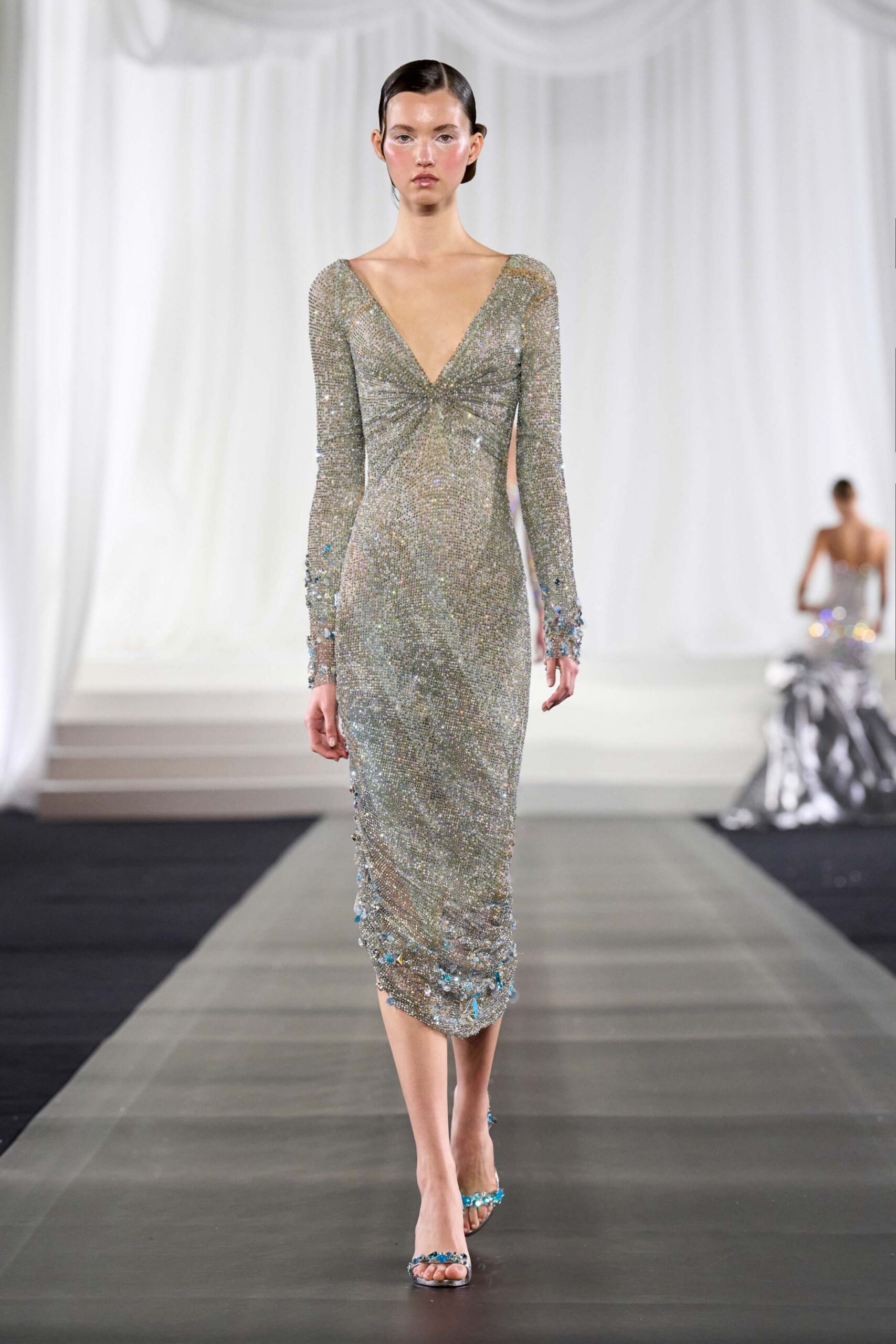 gray metallic long-sleeve v-neck fitted ruched embellished dress