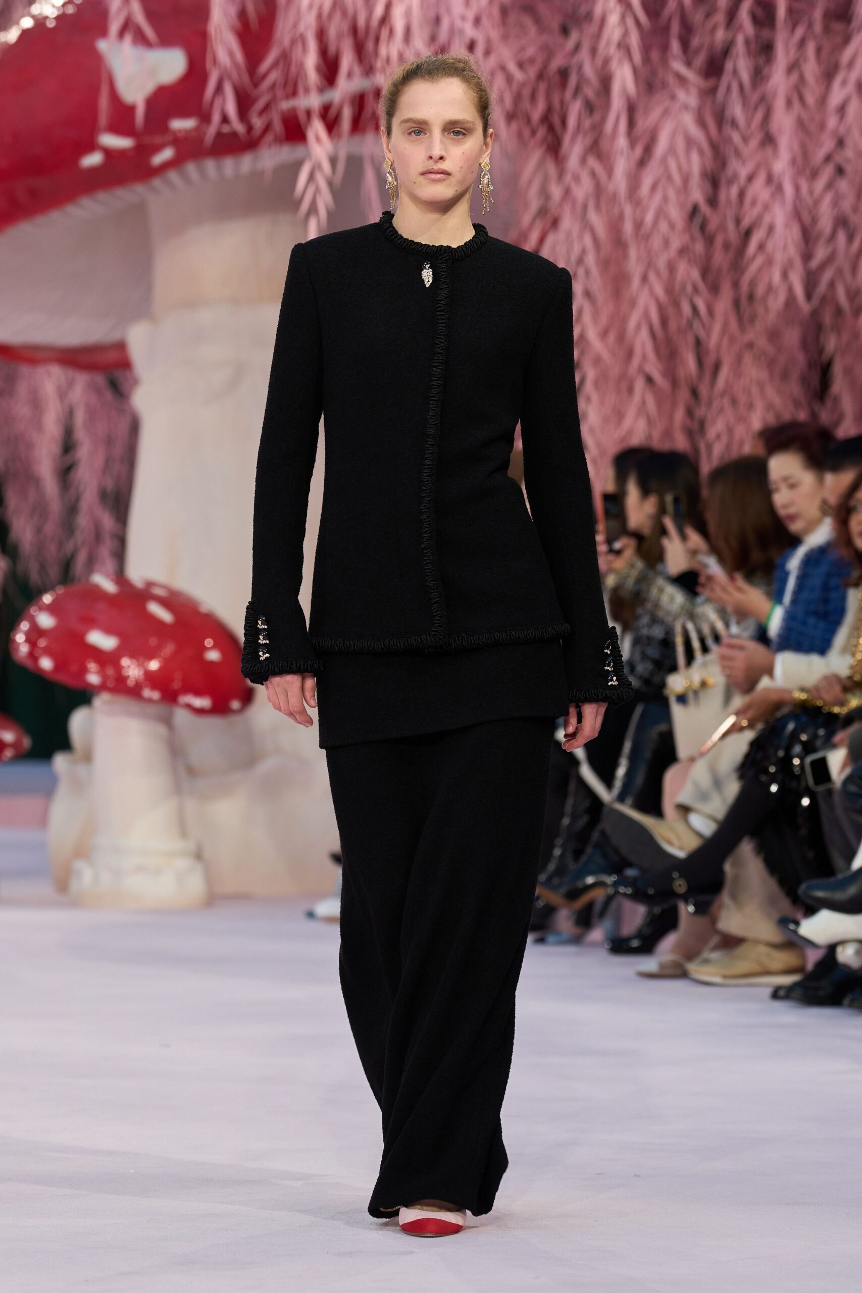 black wool blazer and pants with red heels