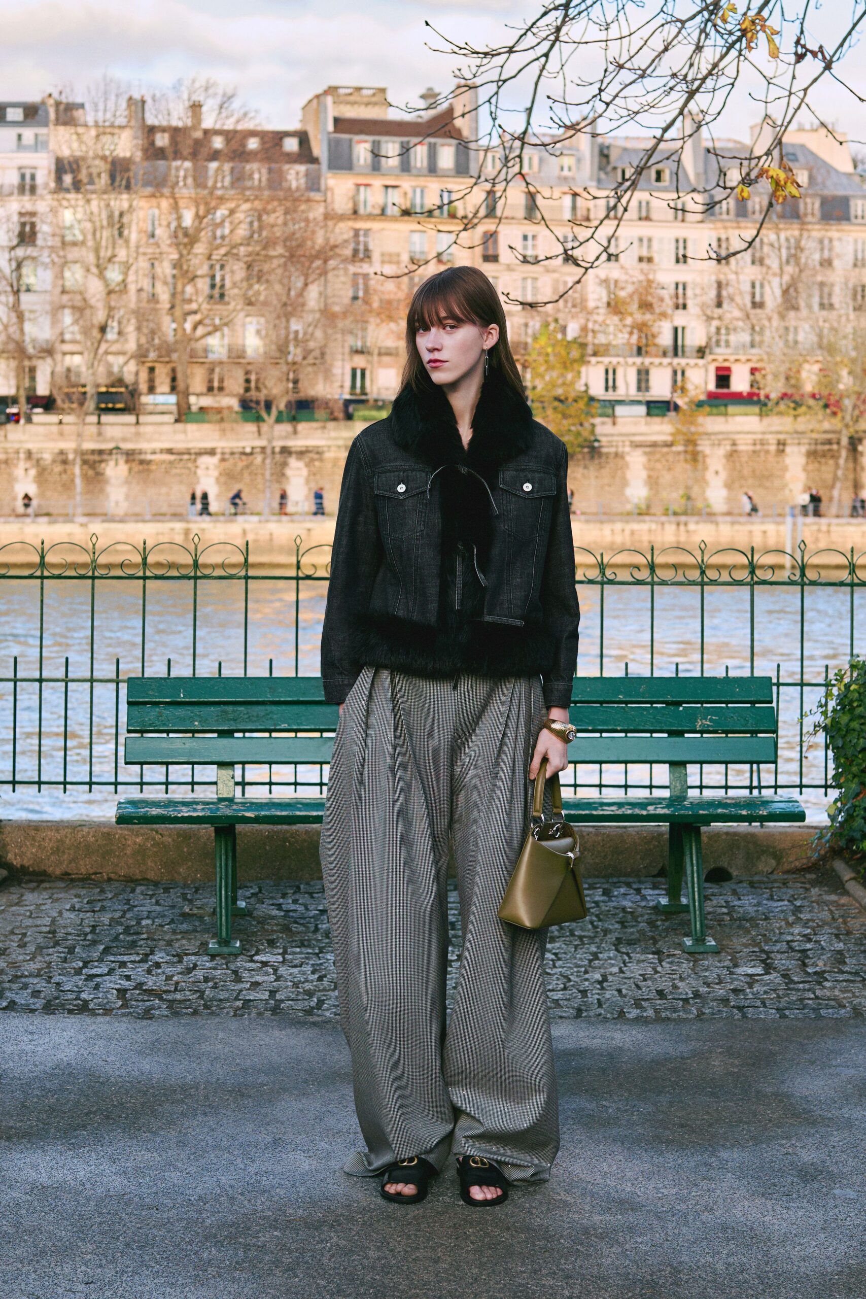 black denim jacket gray wide-leg pants