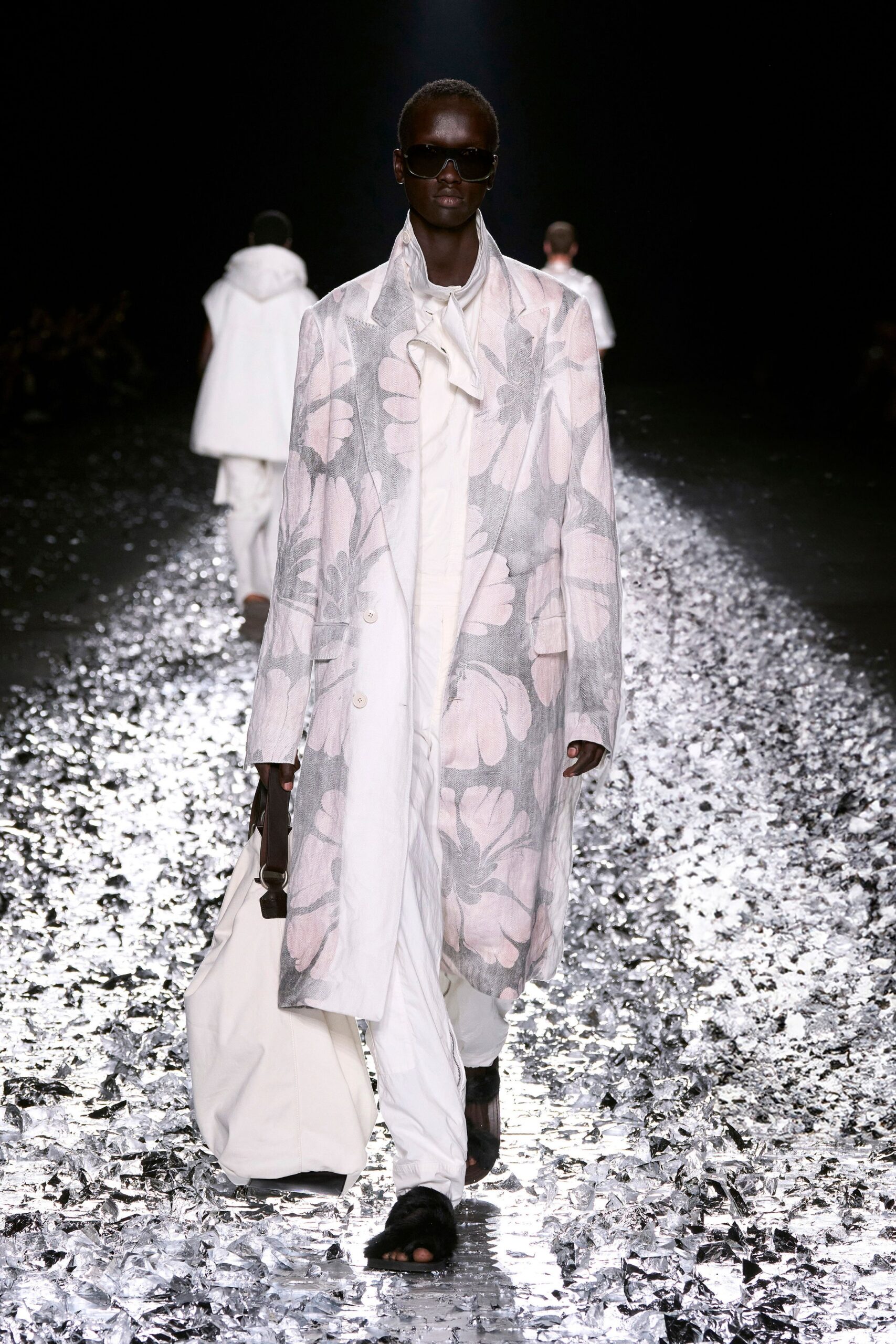 floral white coat with relaxed pants