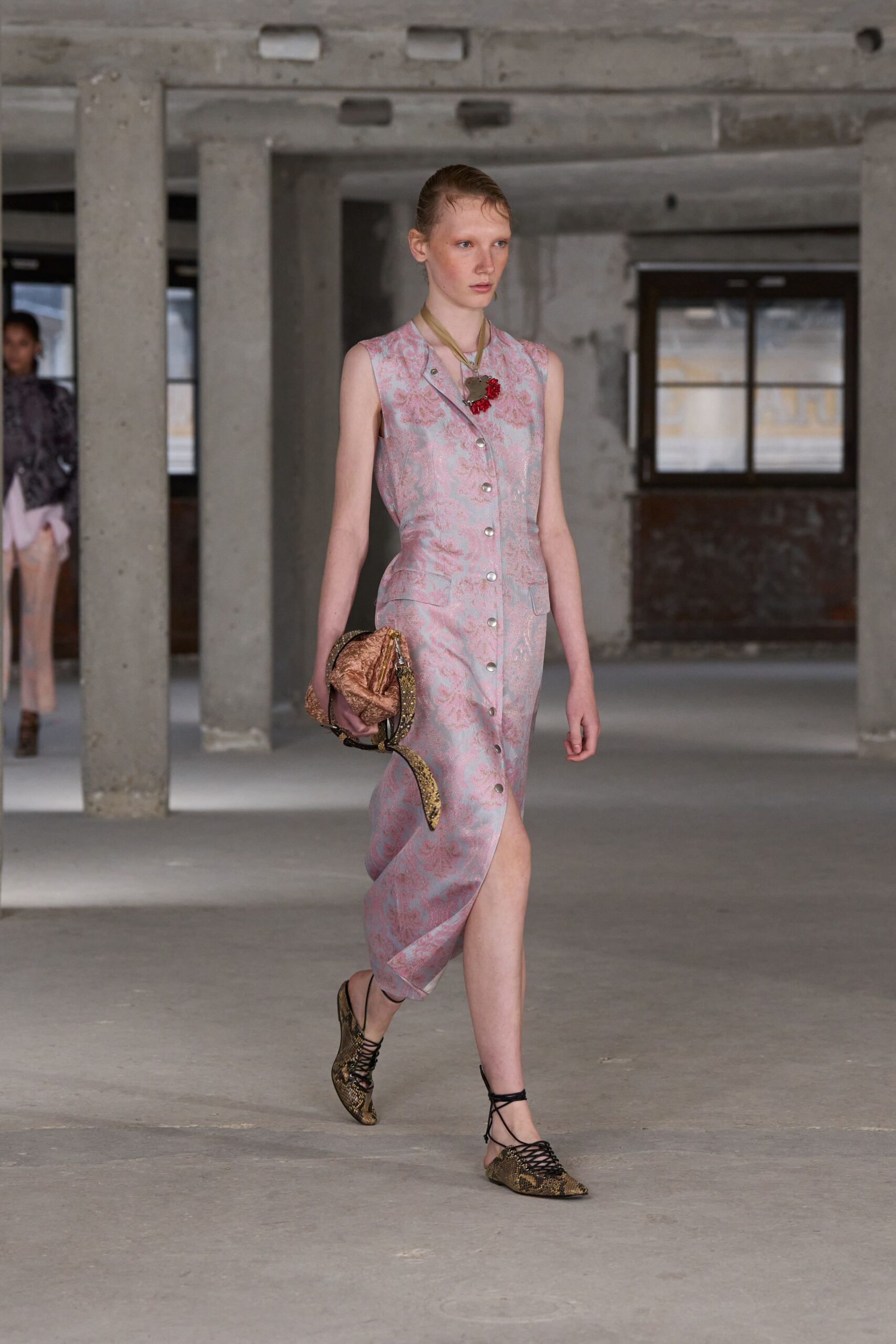 pink silk sleeveless collared fitted buttoned floral dress