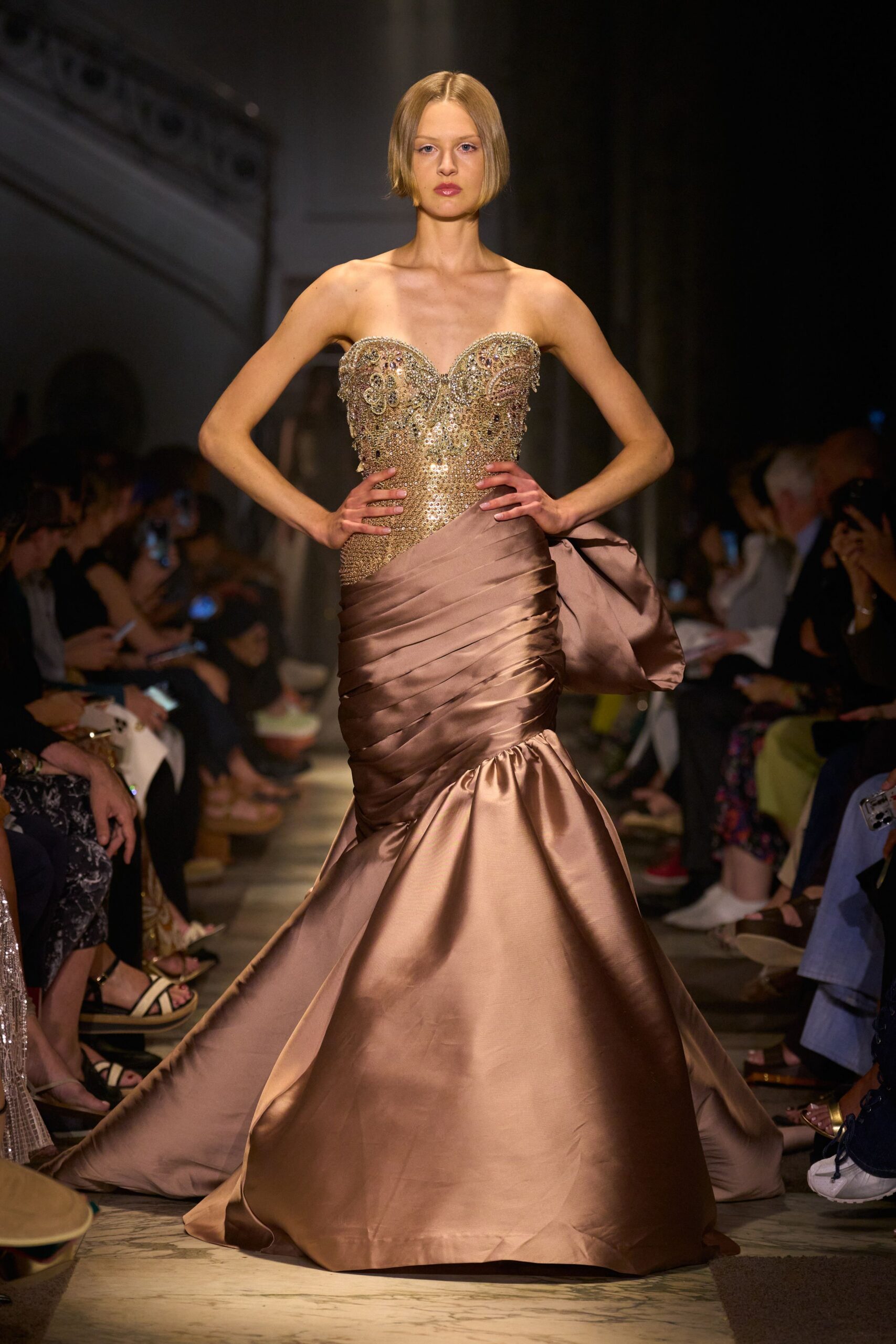 brown silk strapless gown