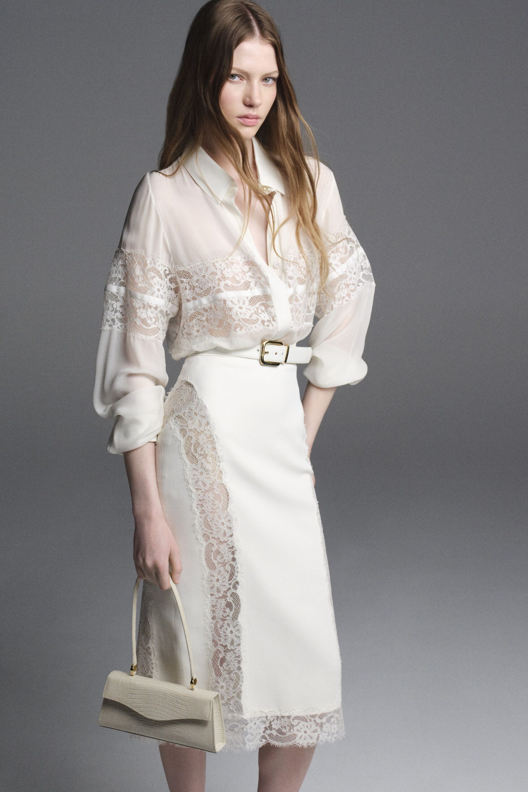 white silk long-sleeve collared fitted embroidered belted shirt-dress