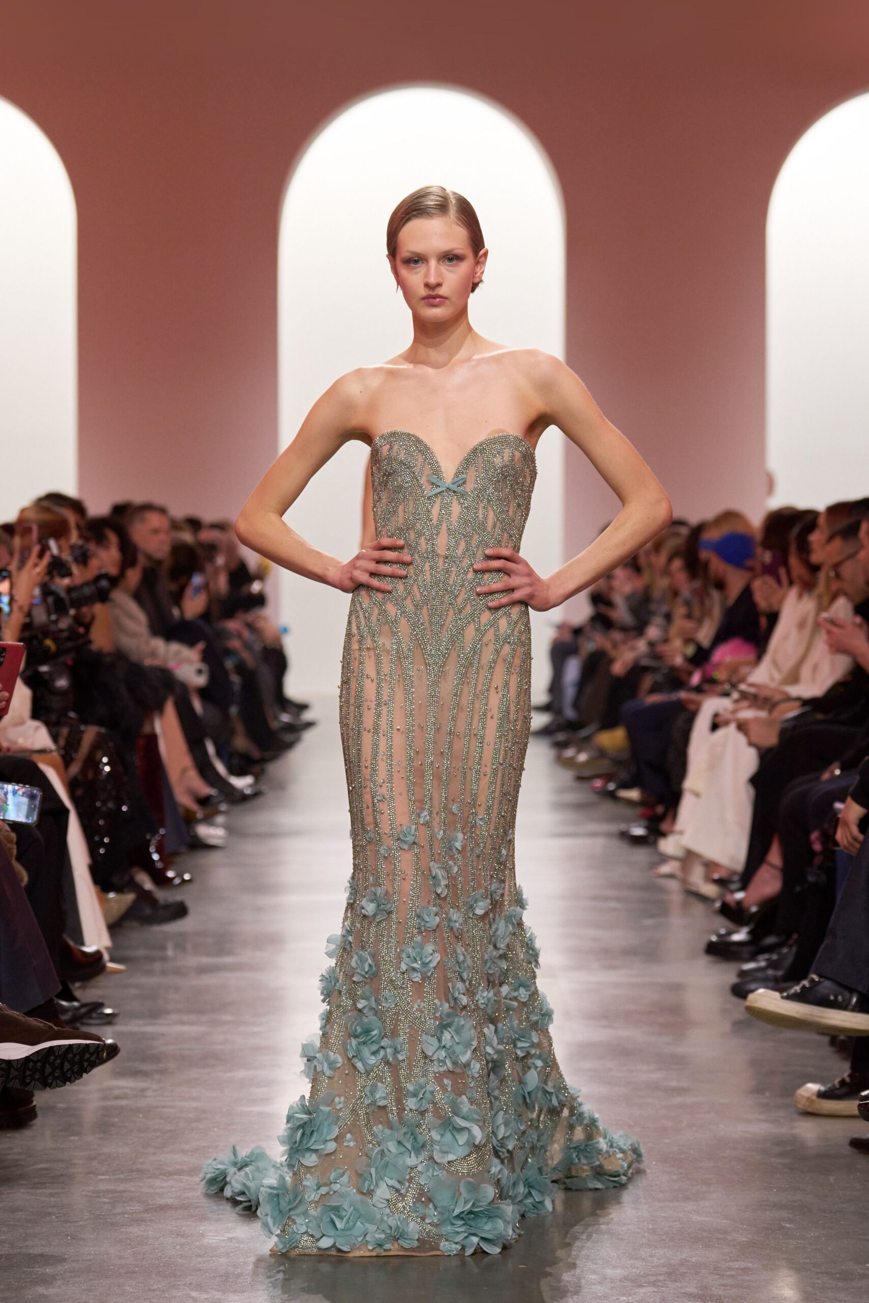 blue beige strapless embroidered gown