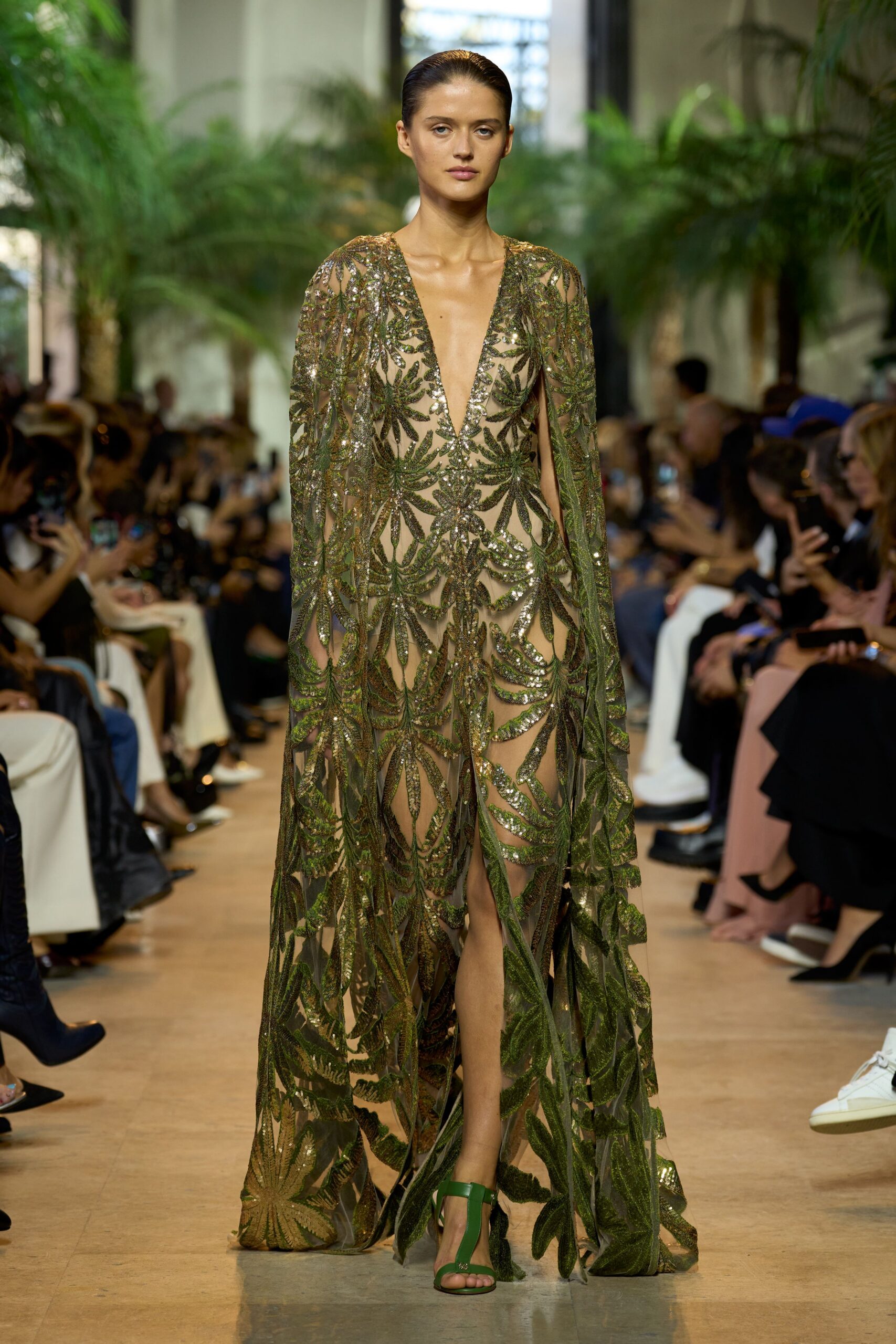 green silk long-sleeve v-neck fitted embroidered gown