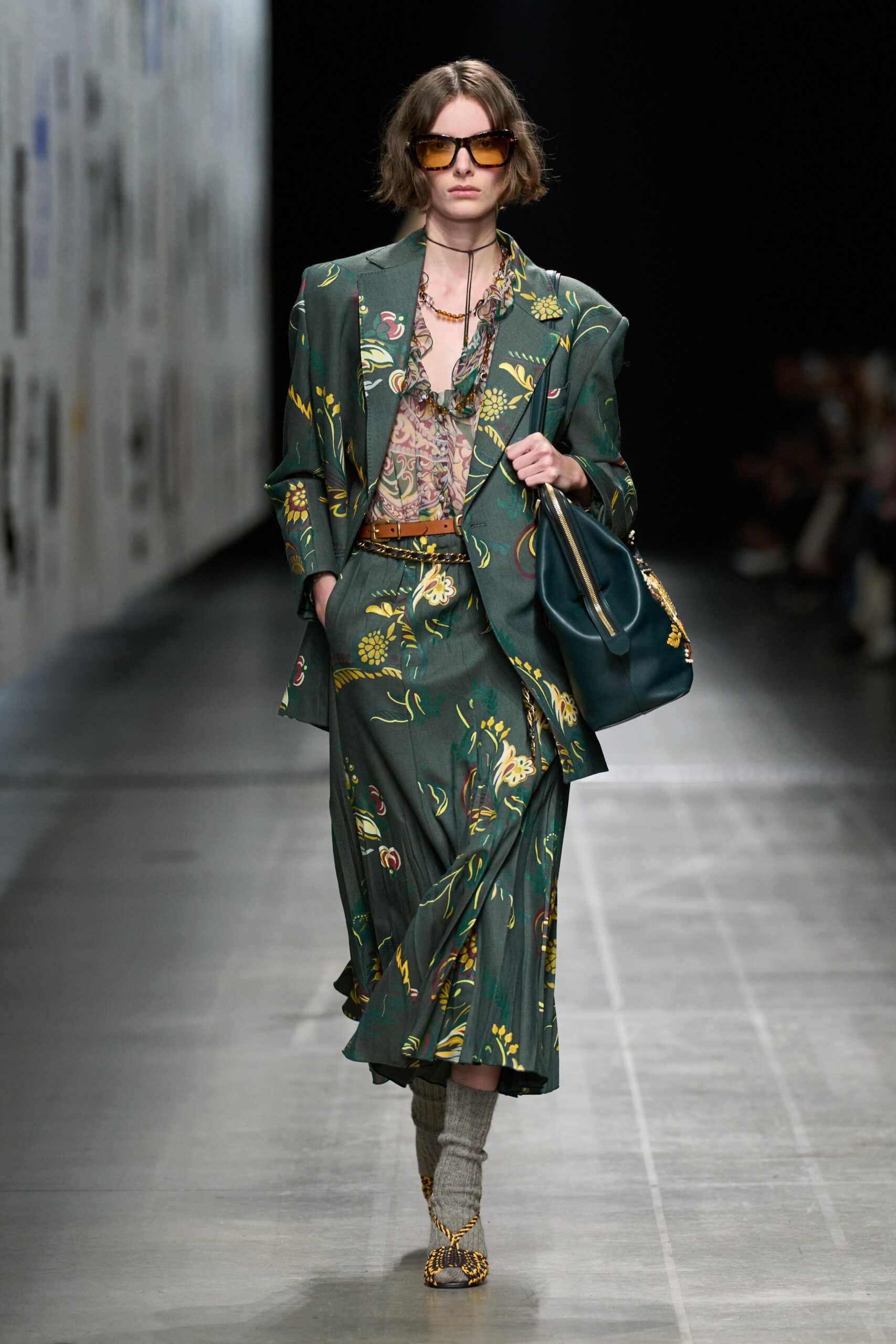 green silk long-sleeve collared relaxed floral blazer