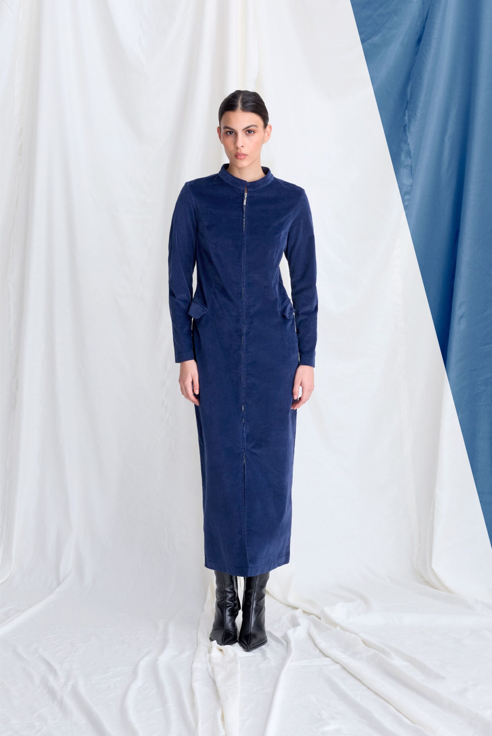 blue velvet long-sleeve collared fitted zippered straight-leg dress
