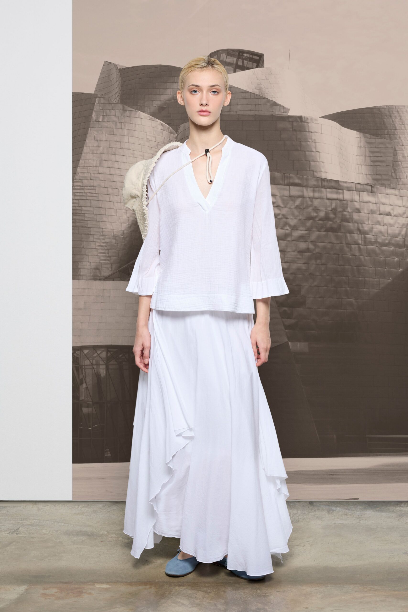 white relaxed top with tiered skirt