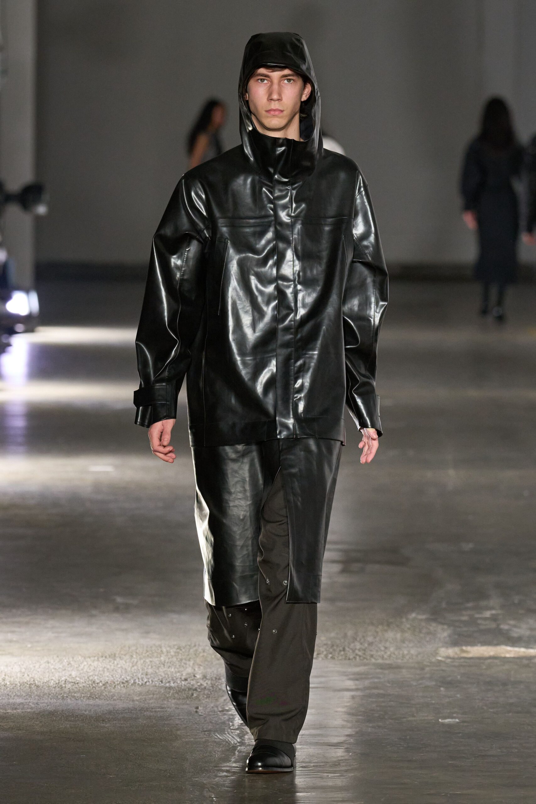 black vinyl coat and pants