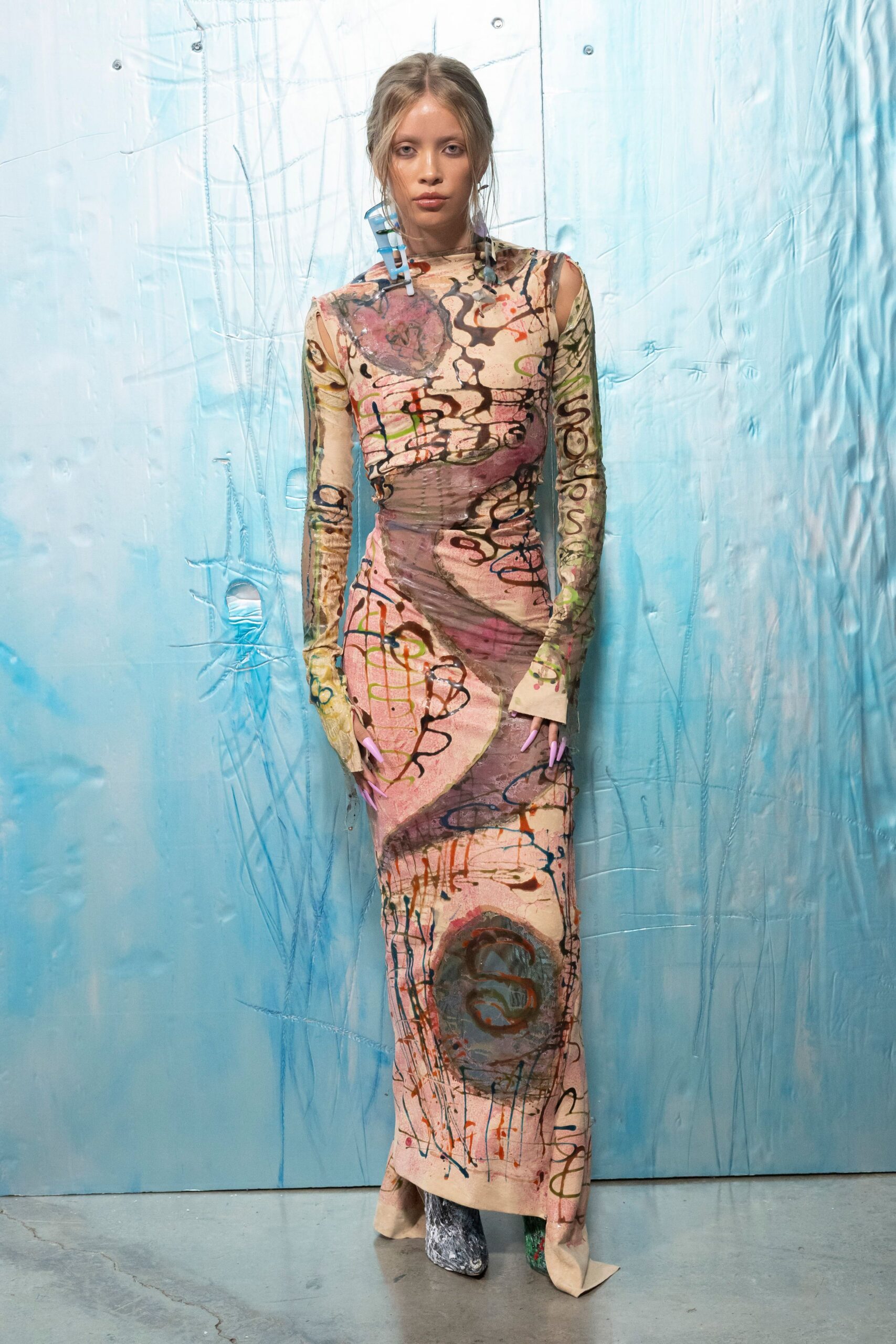 pink silk long-sleeve high-neck fitted printed draped gown