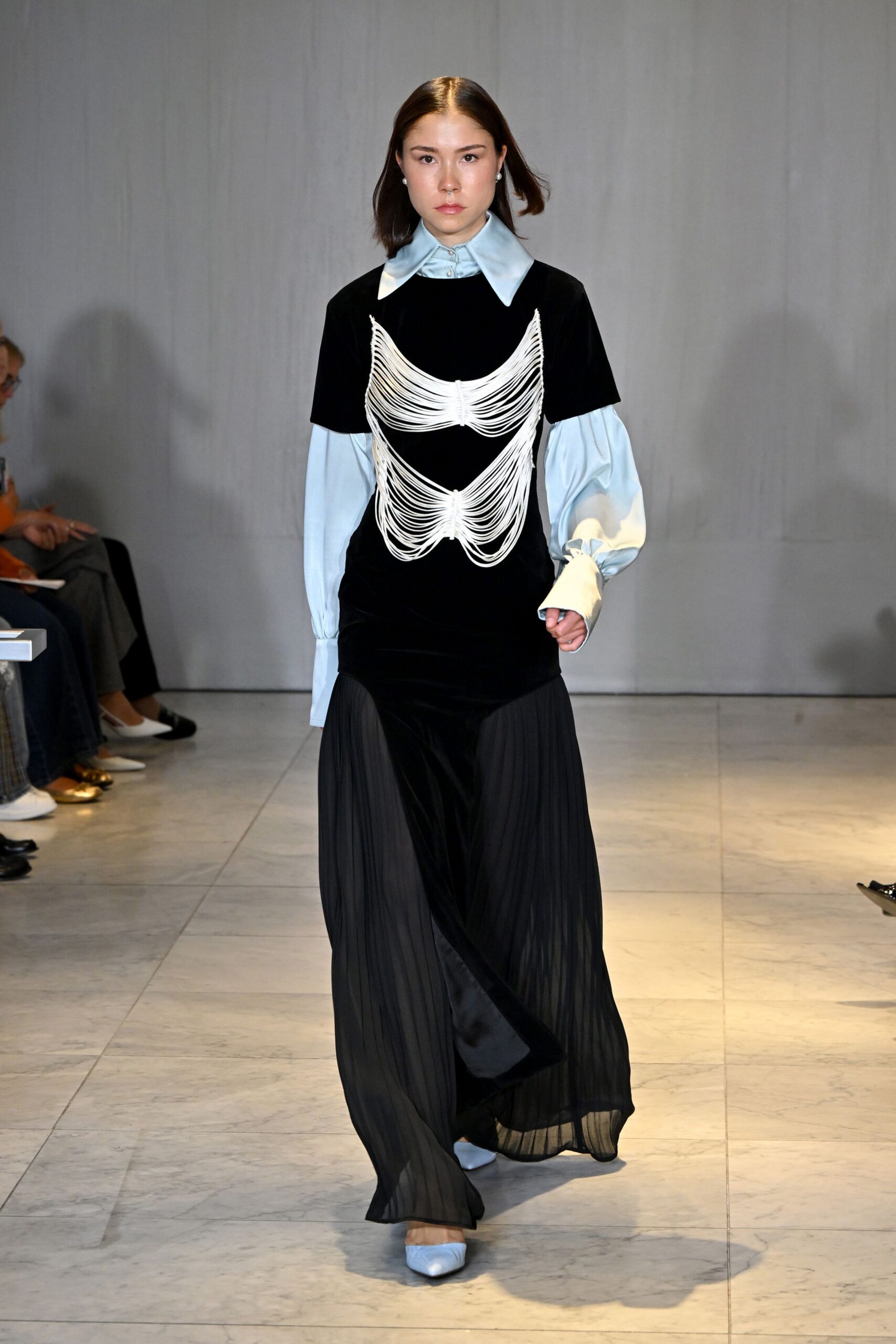 black velvet long-sleeve collared fitted layered top