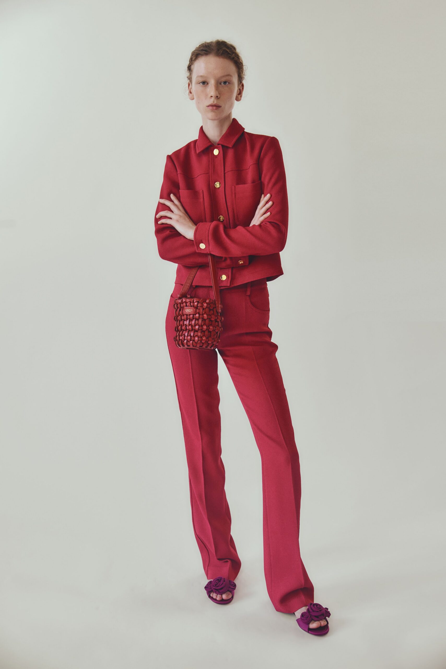 red cotton long-sleeve collared tailored buttoned jacket