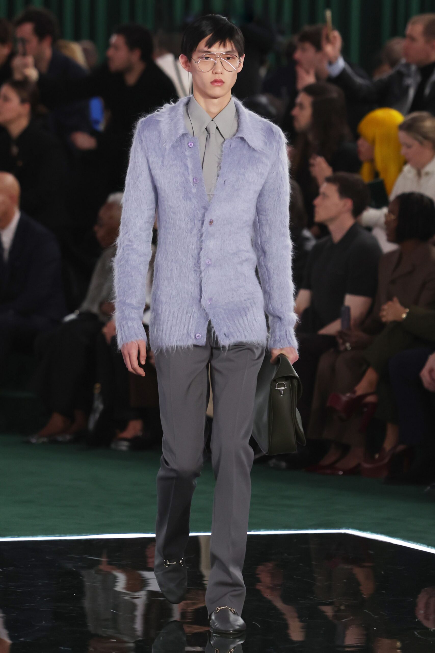 purple wool long-sleeve collared relaxed textured cardigan