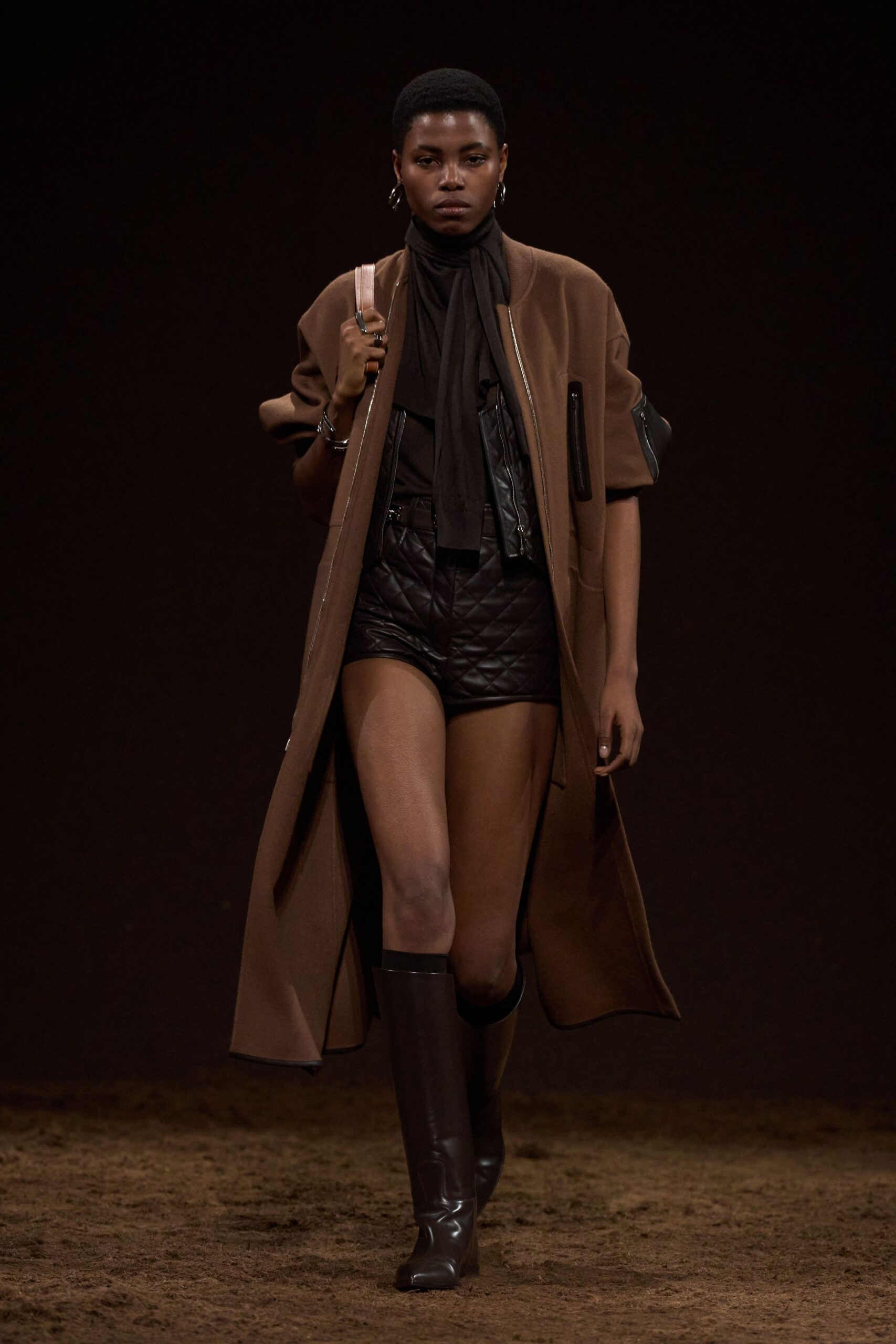 brown wool long-sleeve relaxed zippered maxi coat