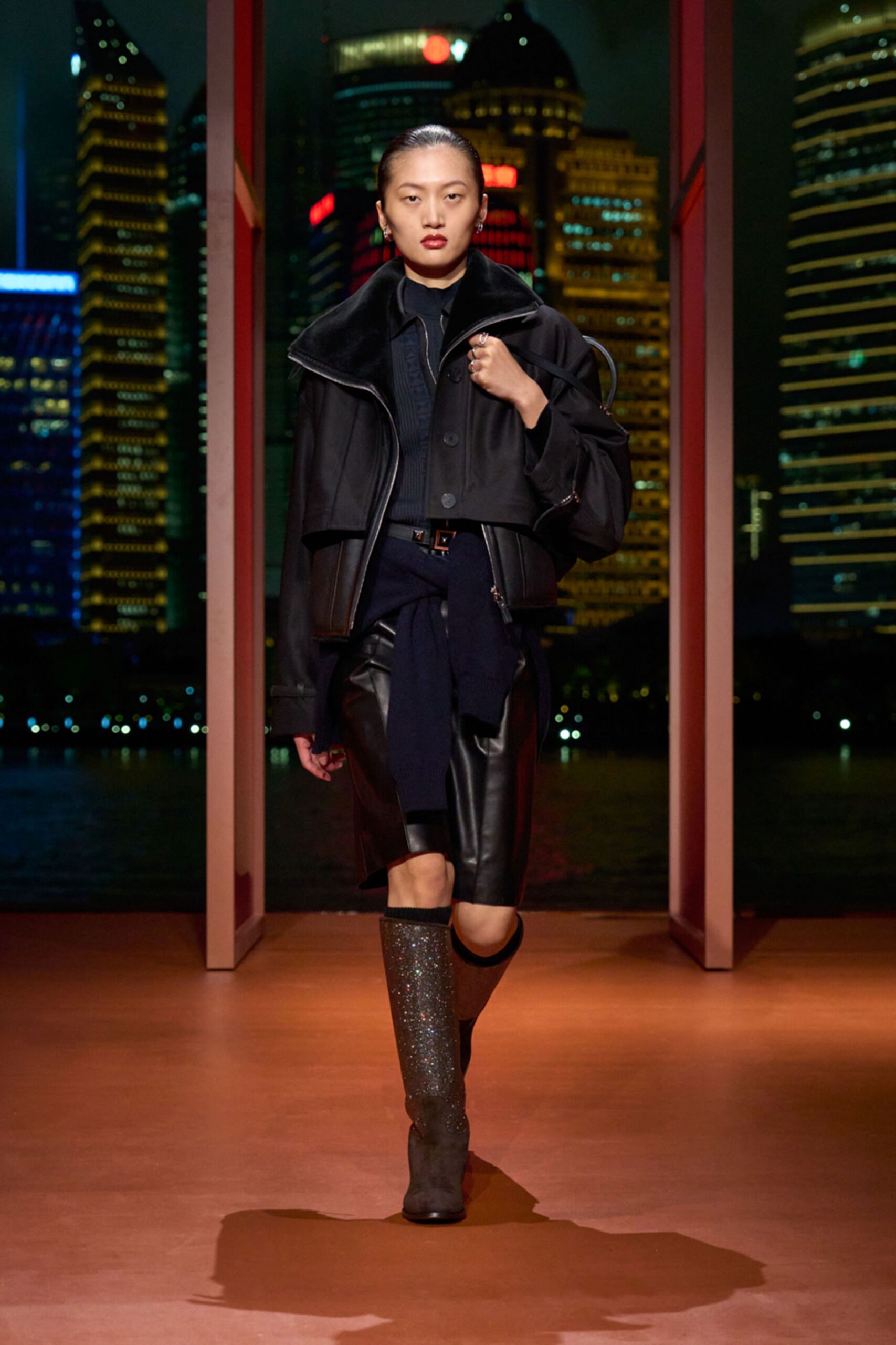 black leather jacket and skirt