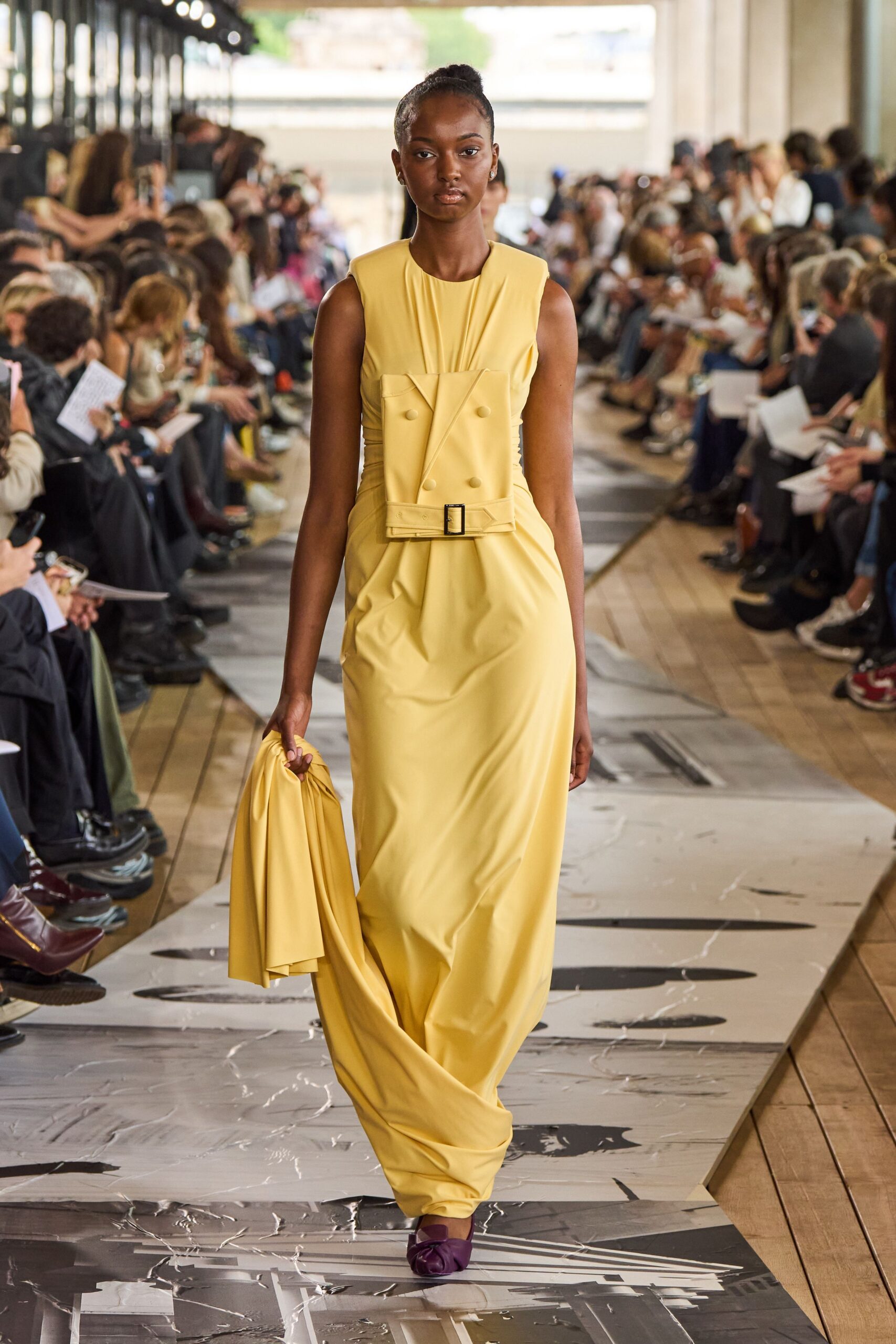 yellow cotton sleeveless v-neck fitted belted maxi gown