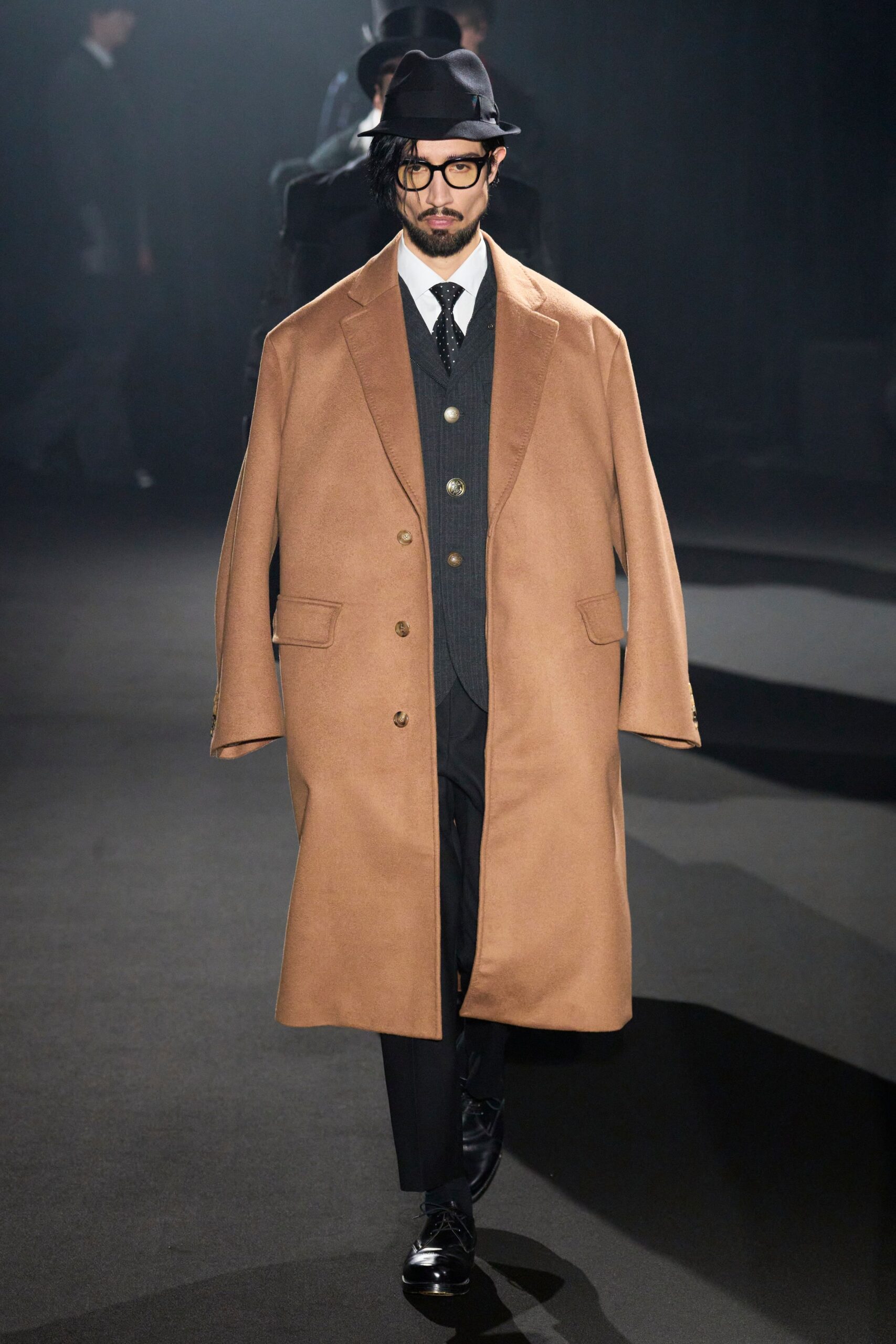 brown wool long-sleeve collared oversized buttoned coat