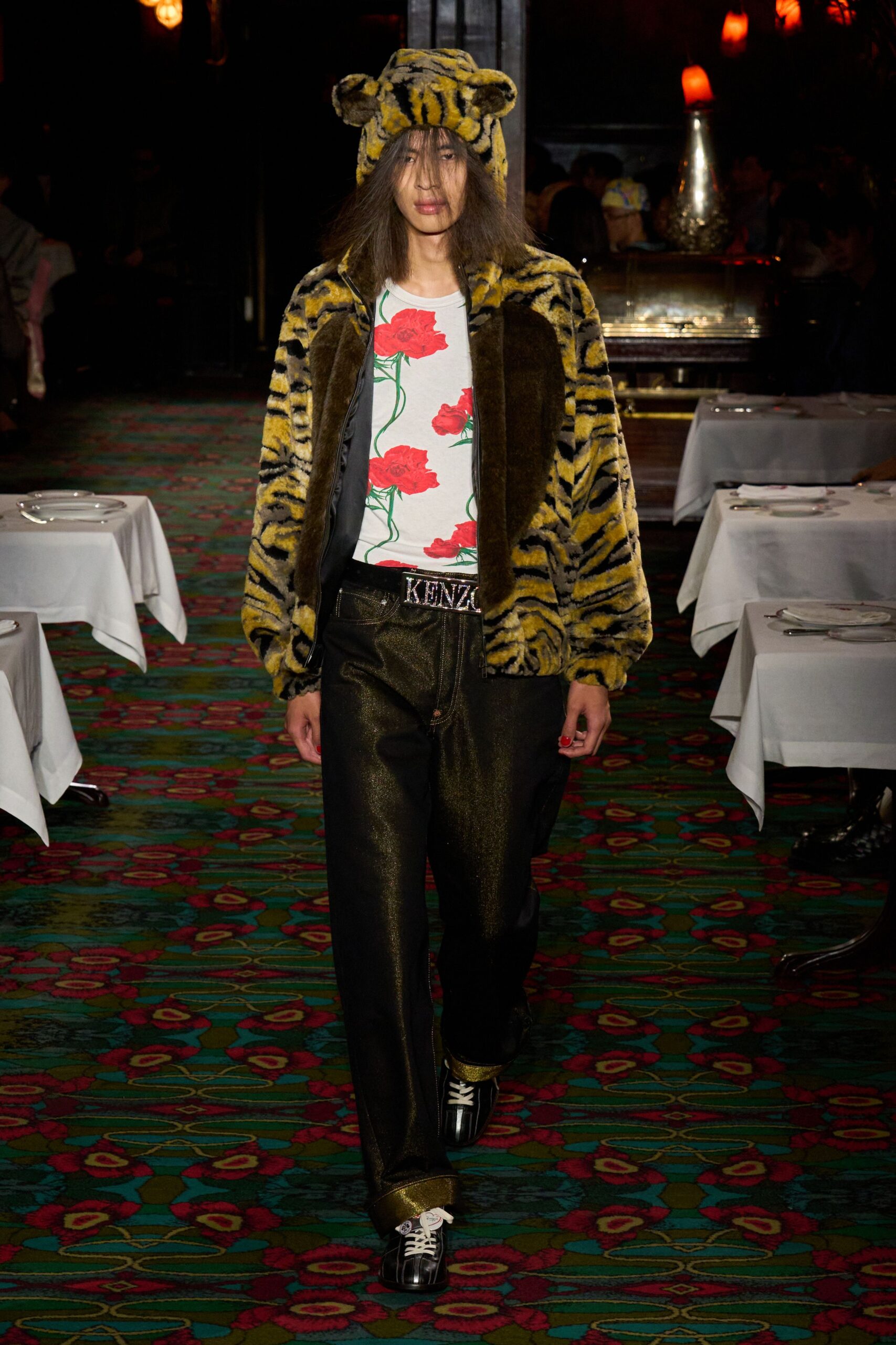 yellow faux-fur long-sleeve collared relaxed striped jacket
