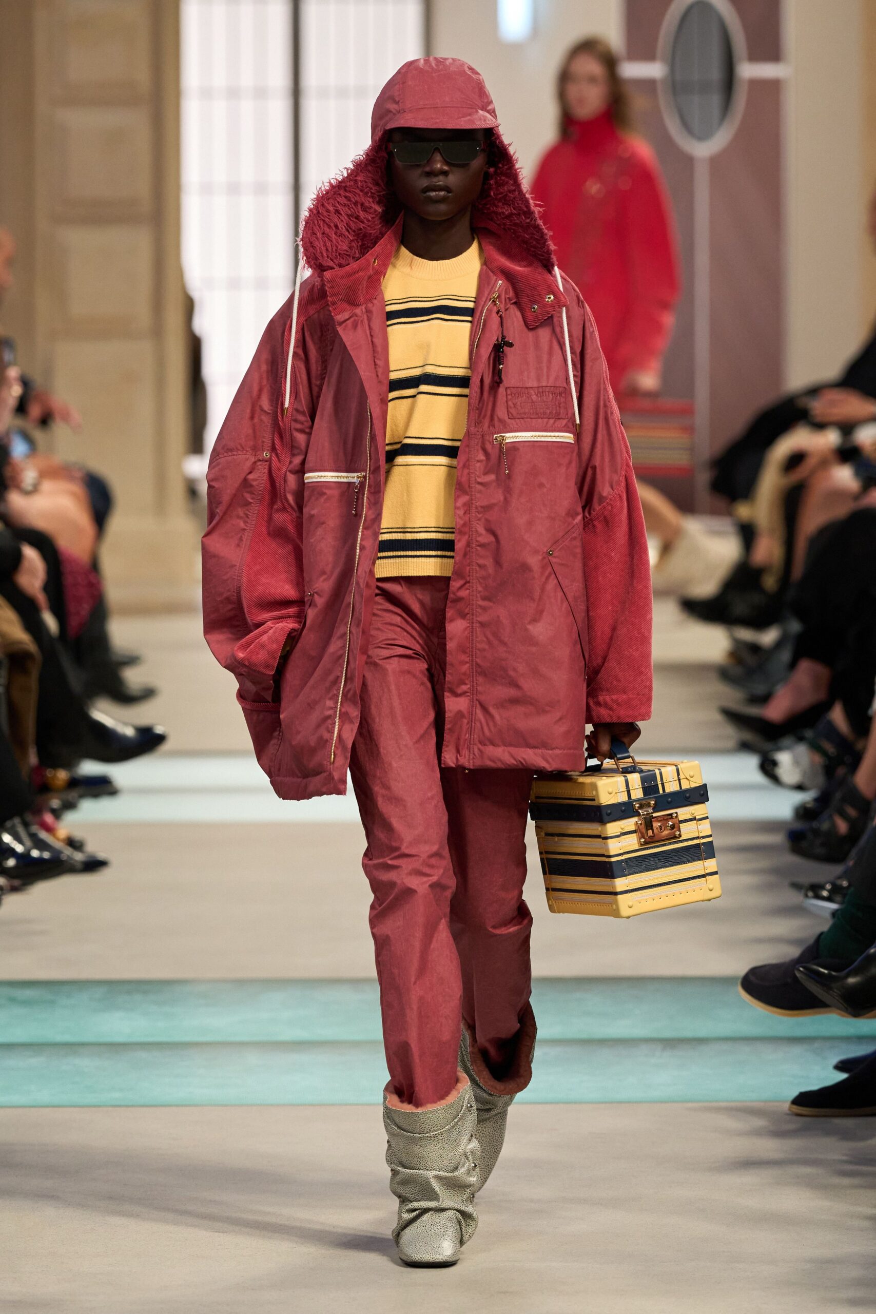 red cotton long-sleeve collared oversized zippered jacket