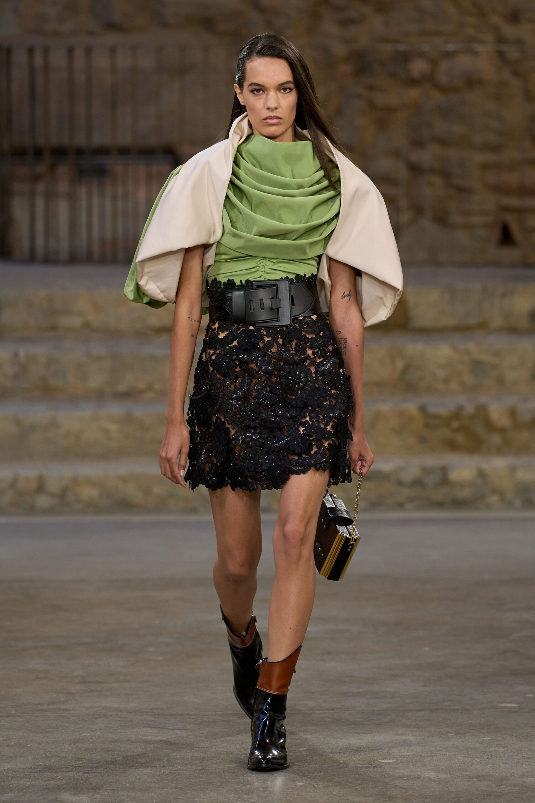 green silk top black lace skirt