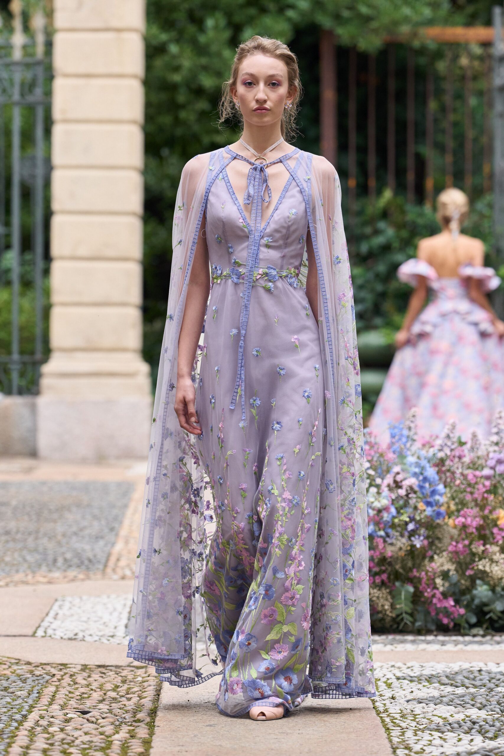 purple silk sleeveless v-neck fitted embroidered gown