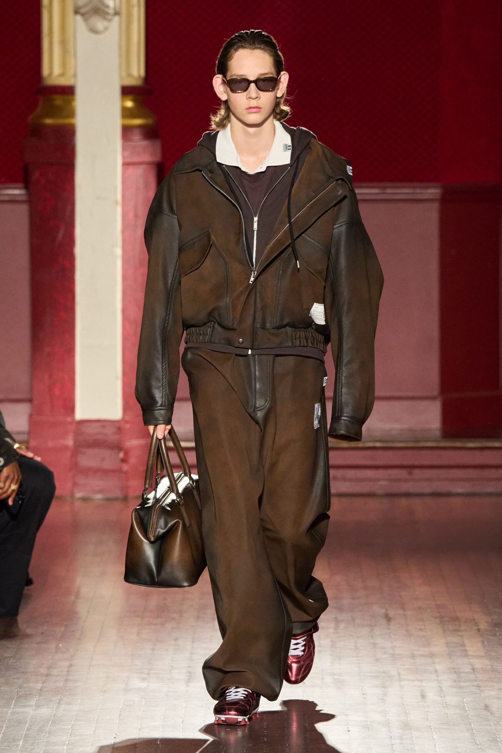 brown leather oversized jacket and pants