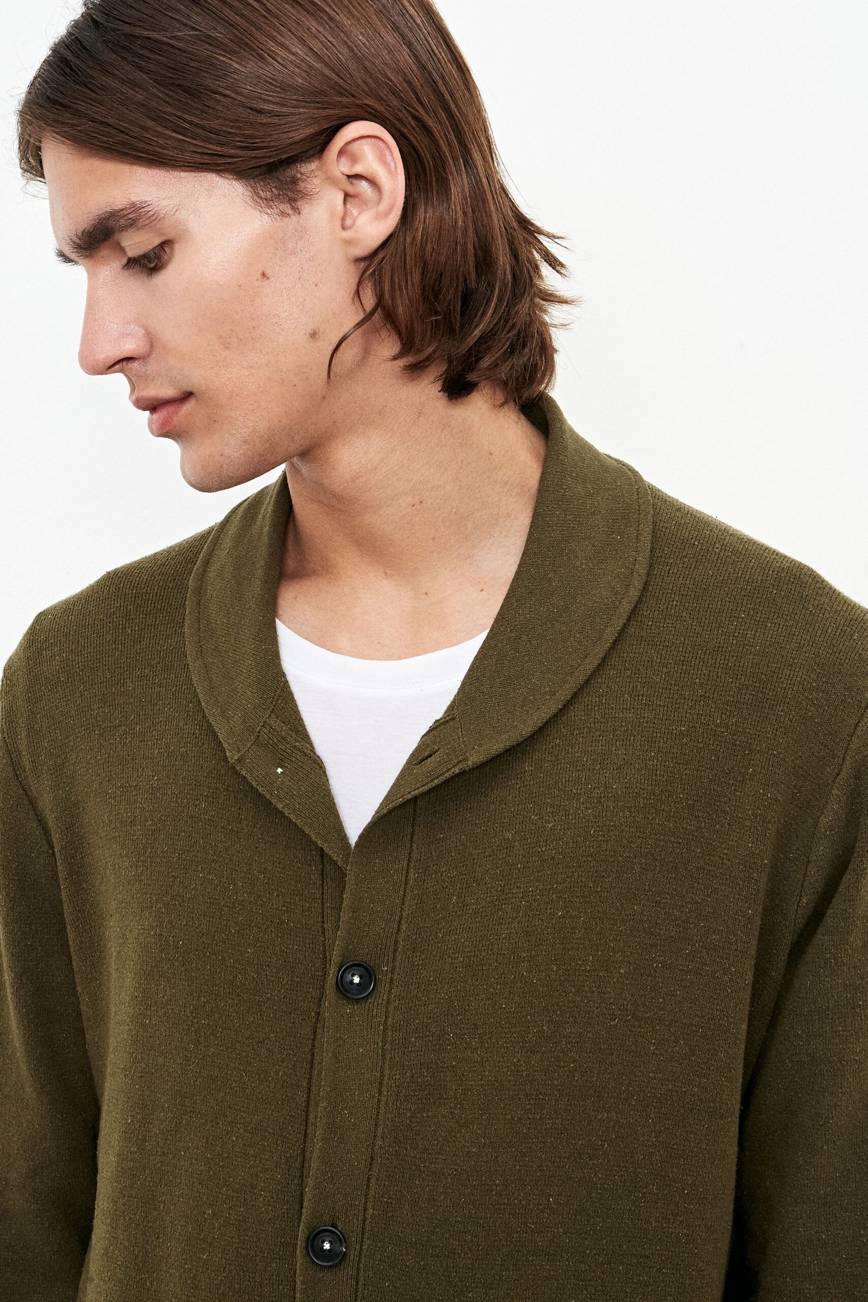 green wool long-sleeve collared relaxed buttoned cardigan