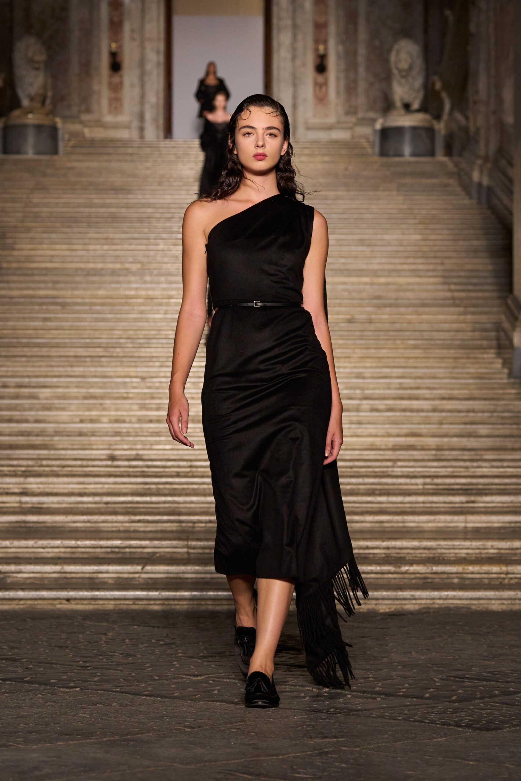 black silk off-shoulder dress with fringe