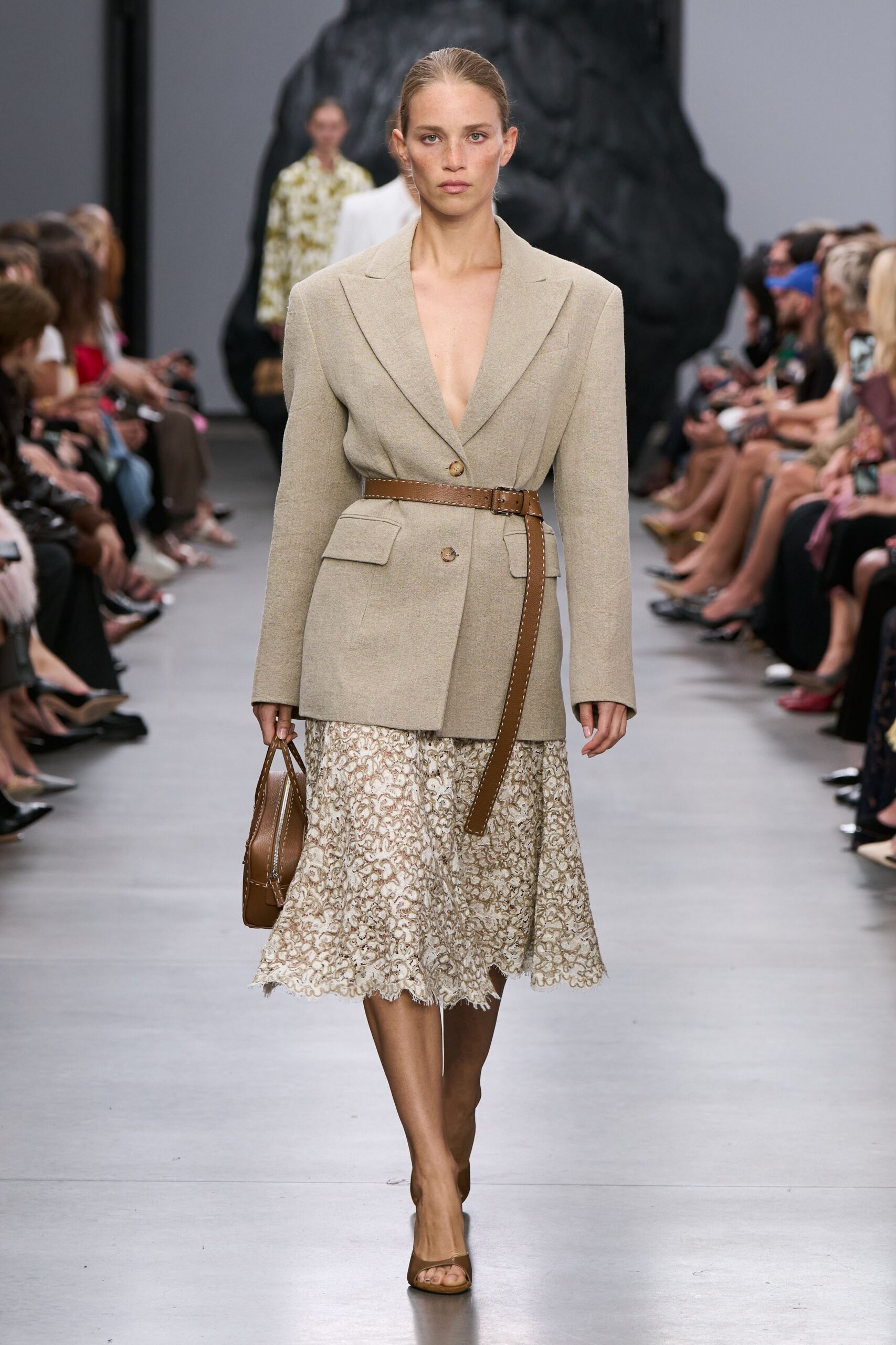 beige linen long-sleeve collared tailored belted blazer