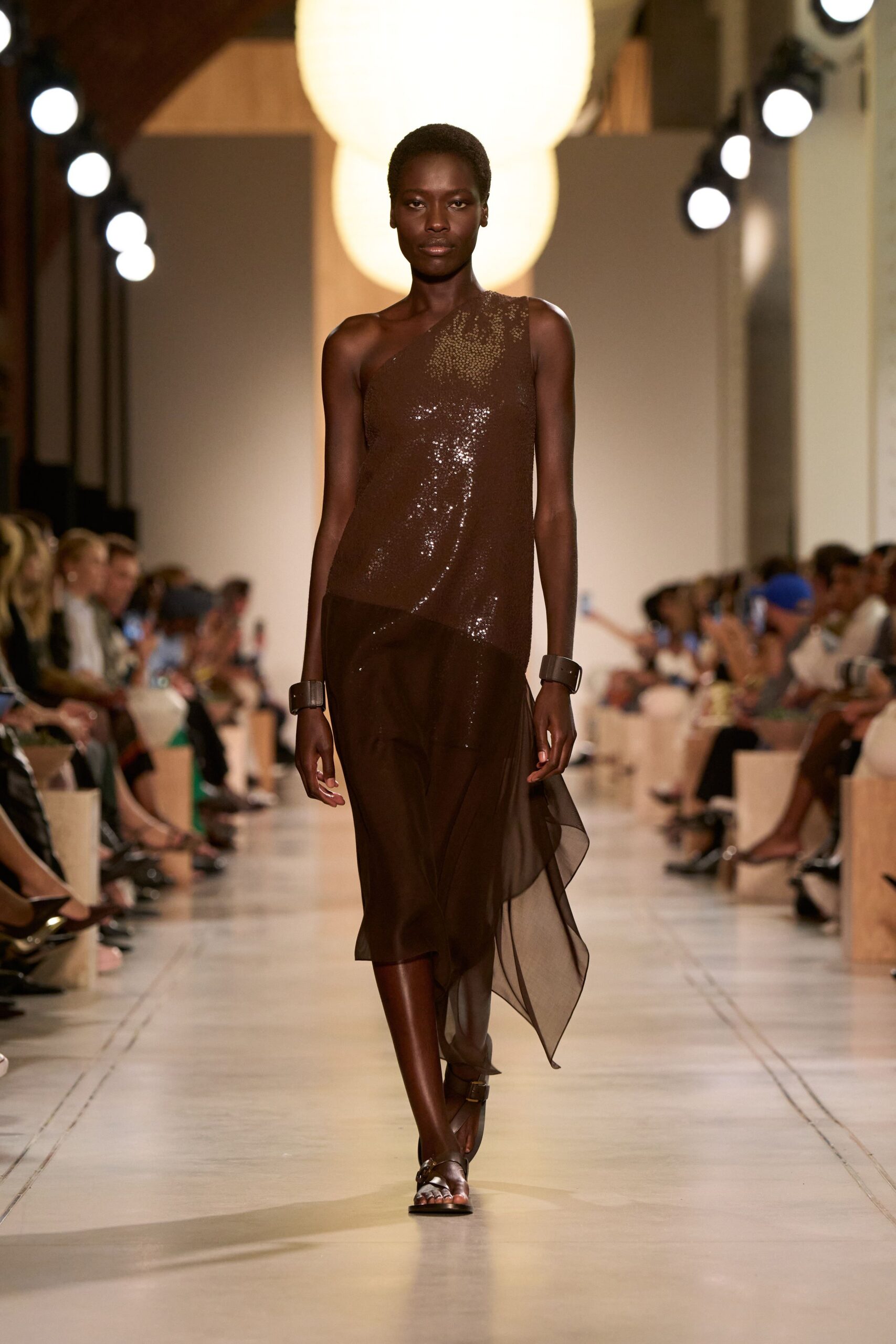 brown sequin sleeveless asymmetric fitted layered dress