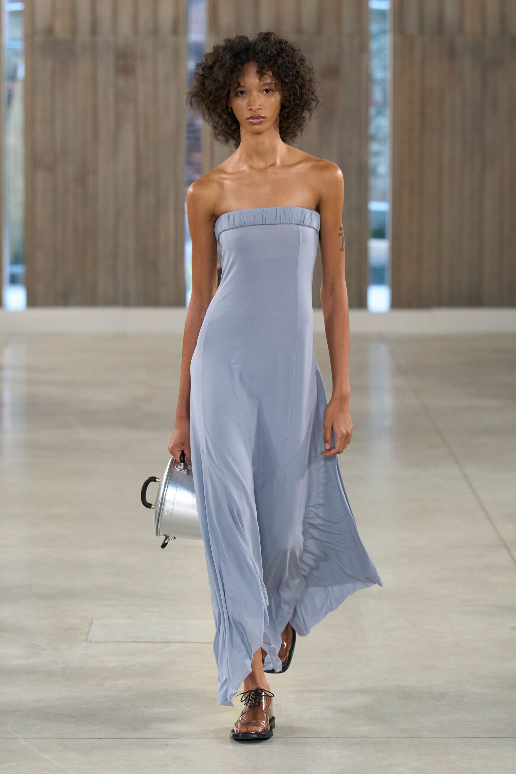 blue silk strapless fitted flowing maxi dress