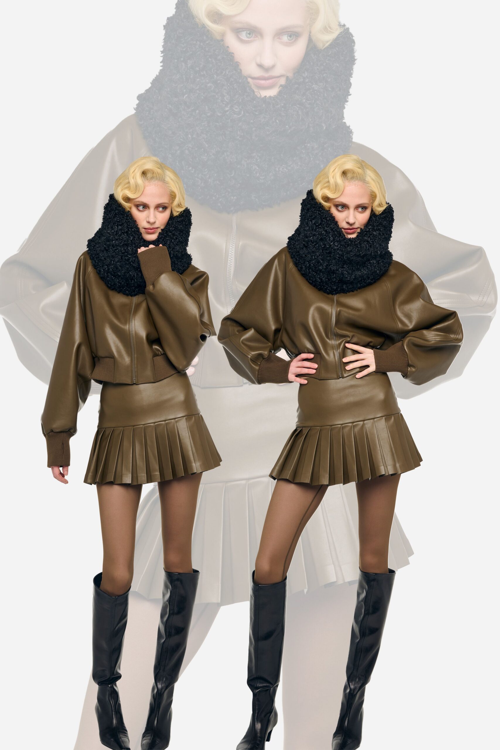 brown leather long-sleeve collared fitted pleated short top