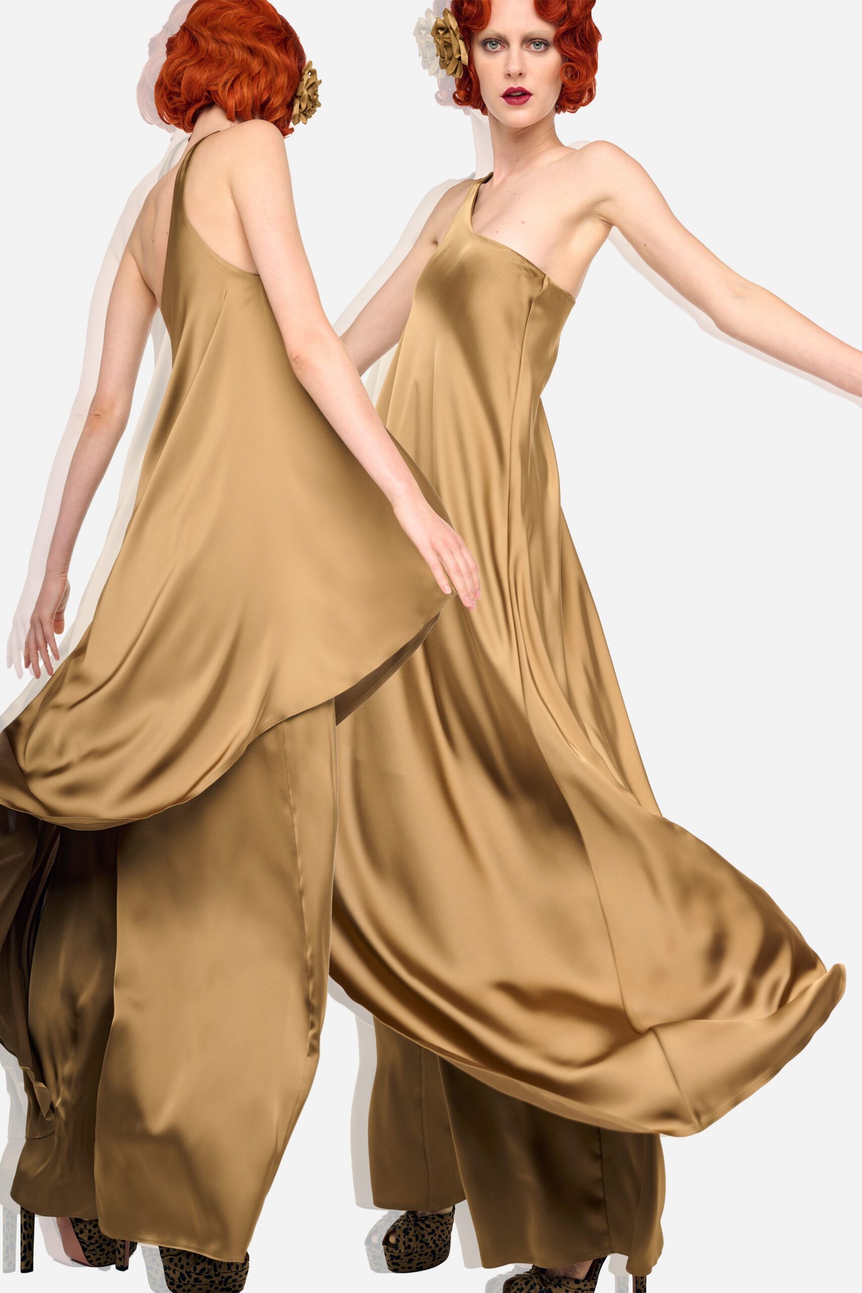 gold silk sleeveless halter fitted flowing shiny gown