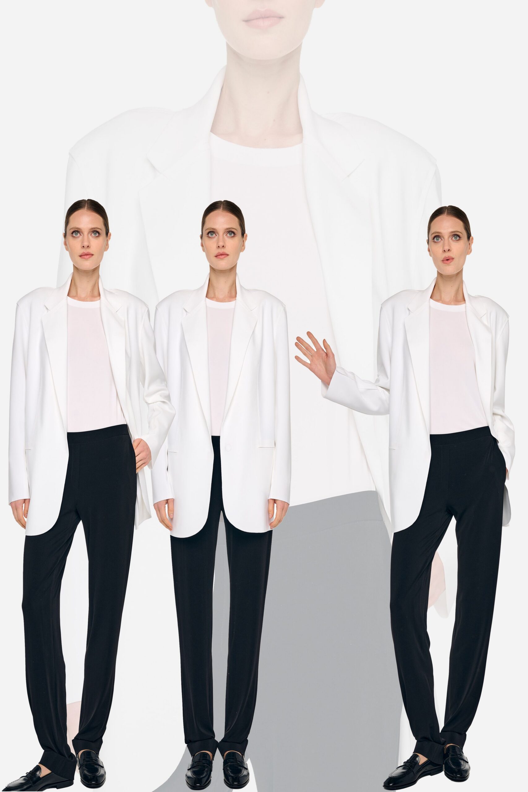 white blazer with black pants
